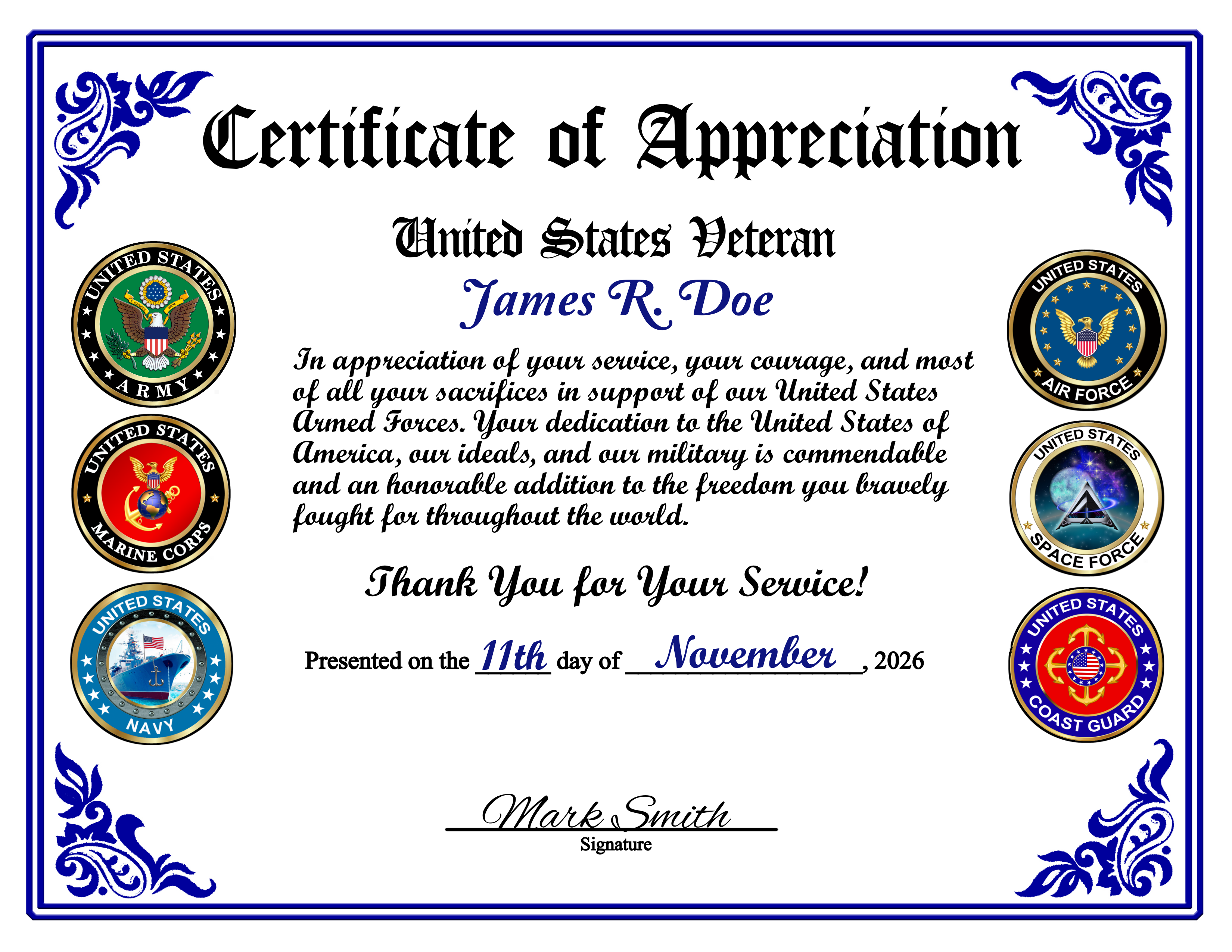 D22 US VETERAN ALL SERVICES APPRECIATION CERTIFICATE design preview