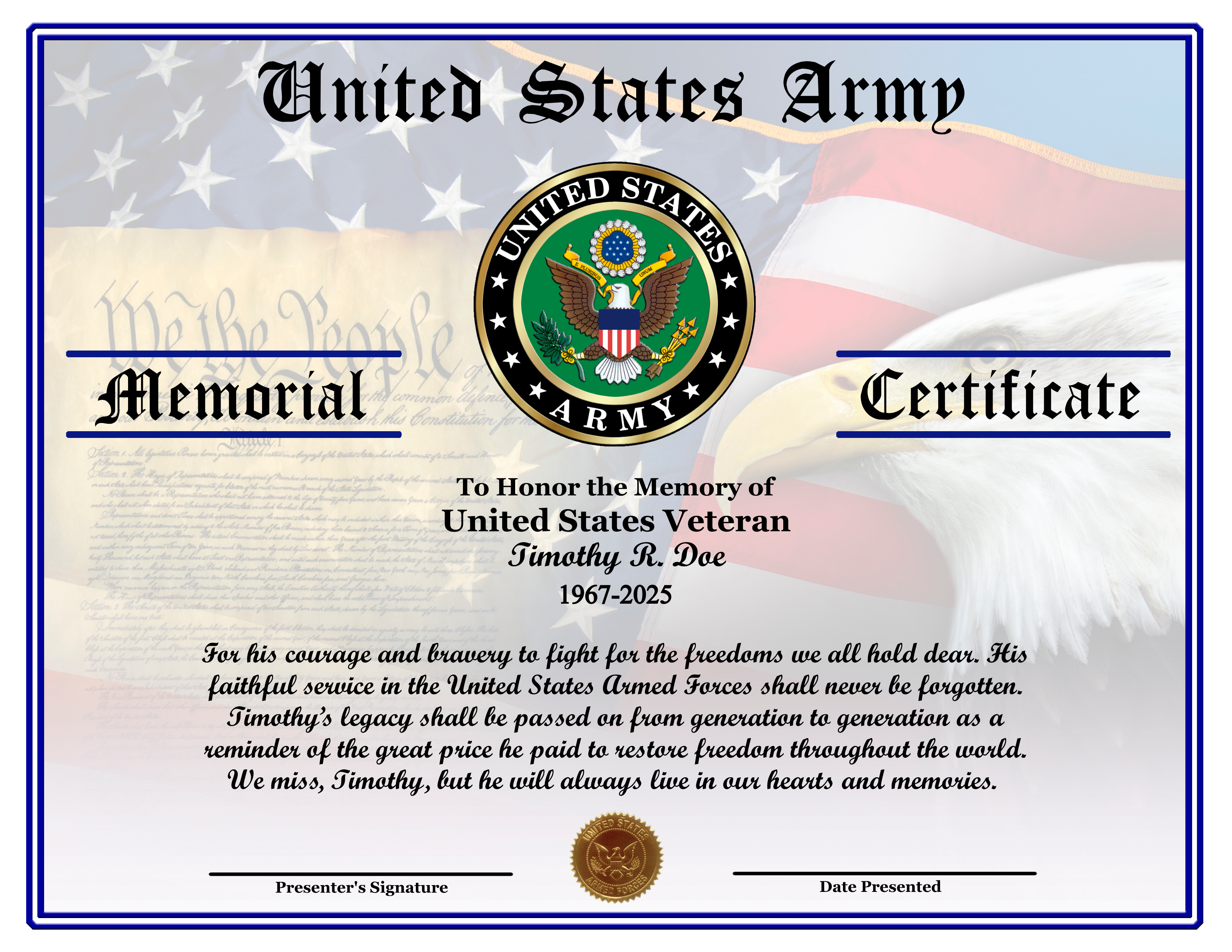 D29 US ARMY VETERAN MEMORIAL CERTIFICATE design preview