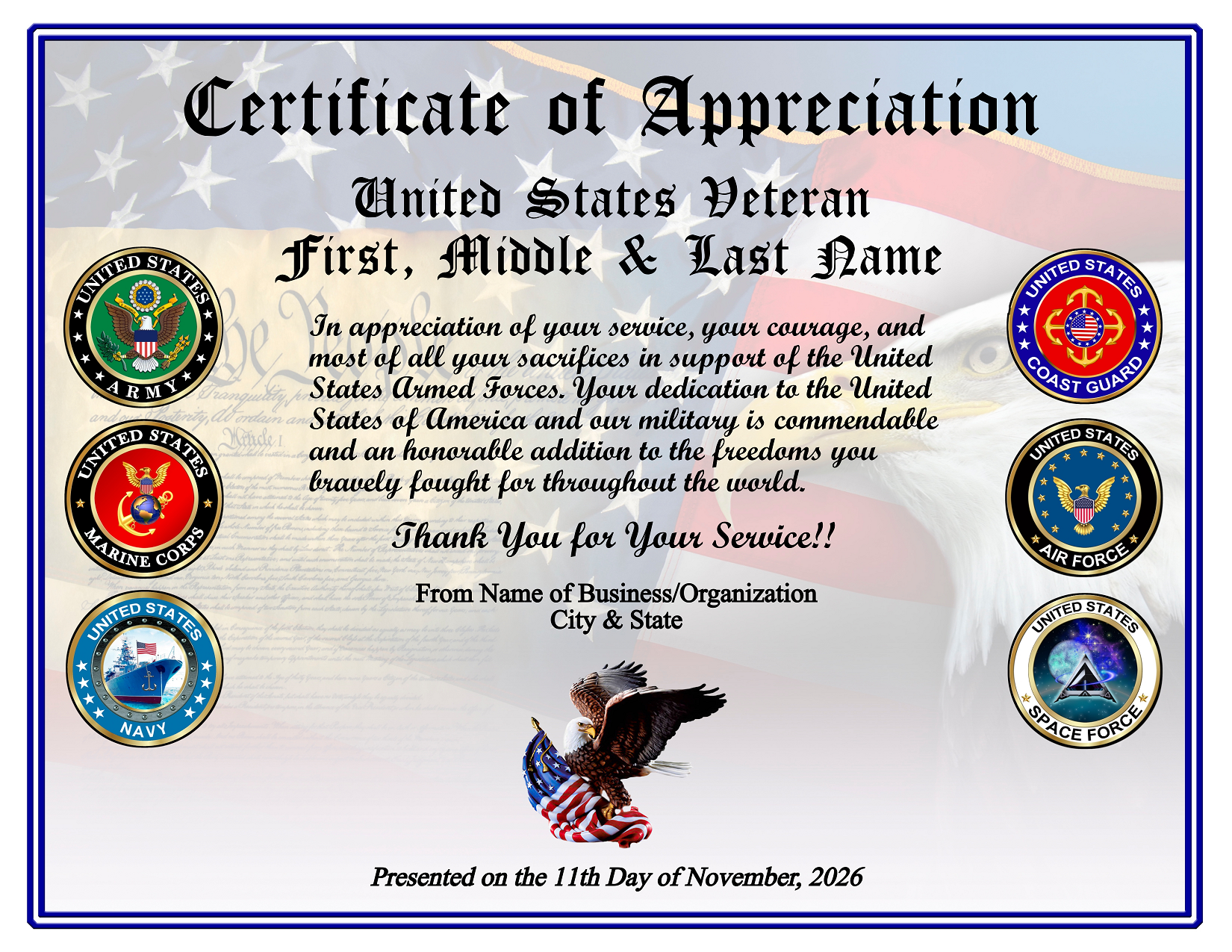 D19 BUSINESS US VETERAN ALL SERVICES APPRECIATION CERTIFICATE design preview