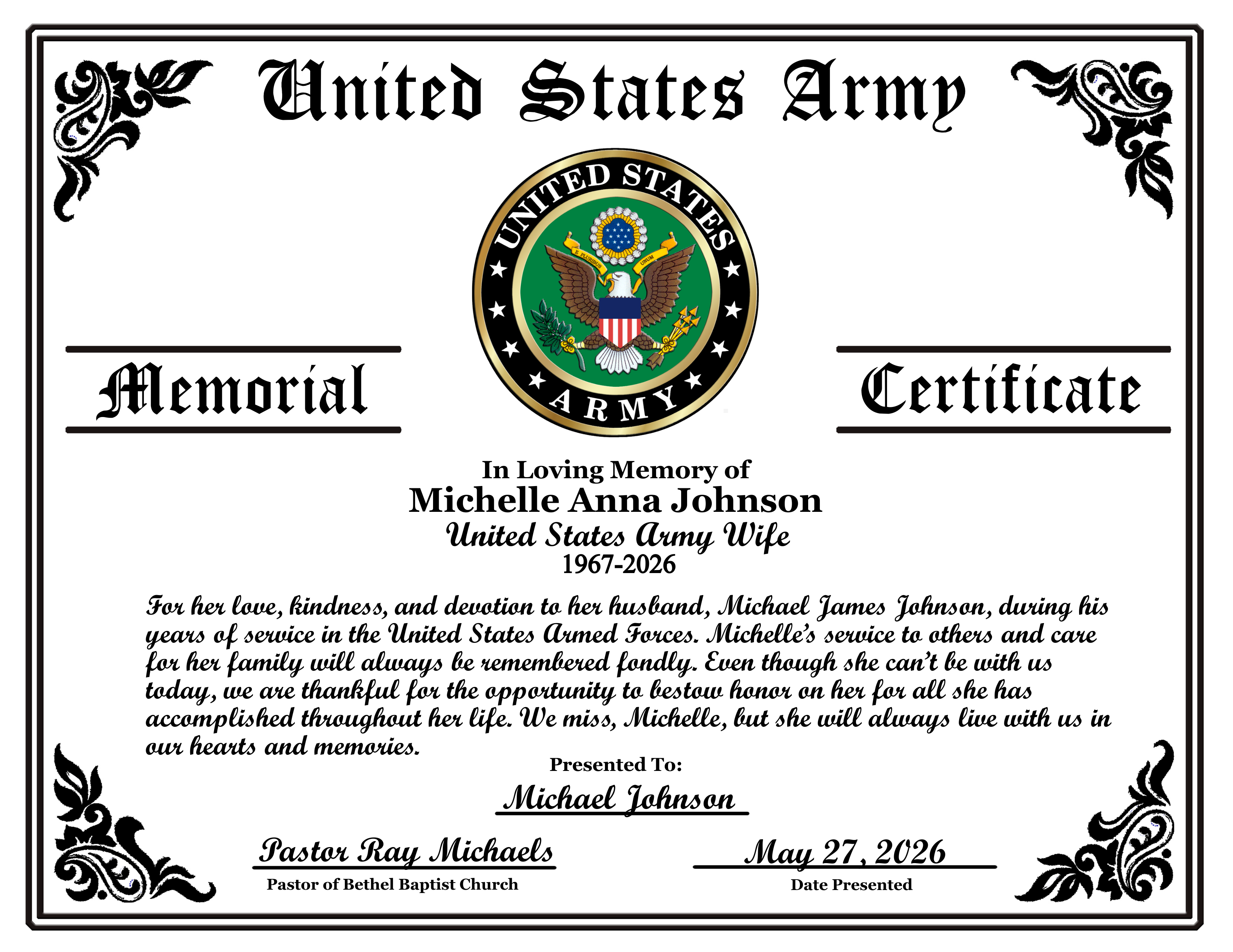 D21 US ARMY WIFE MEMORIAL CERTIFICATE design preview