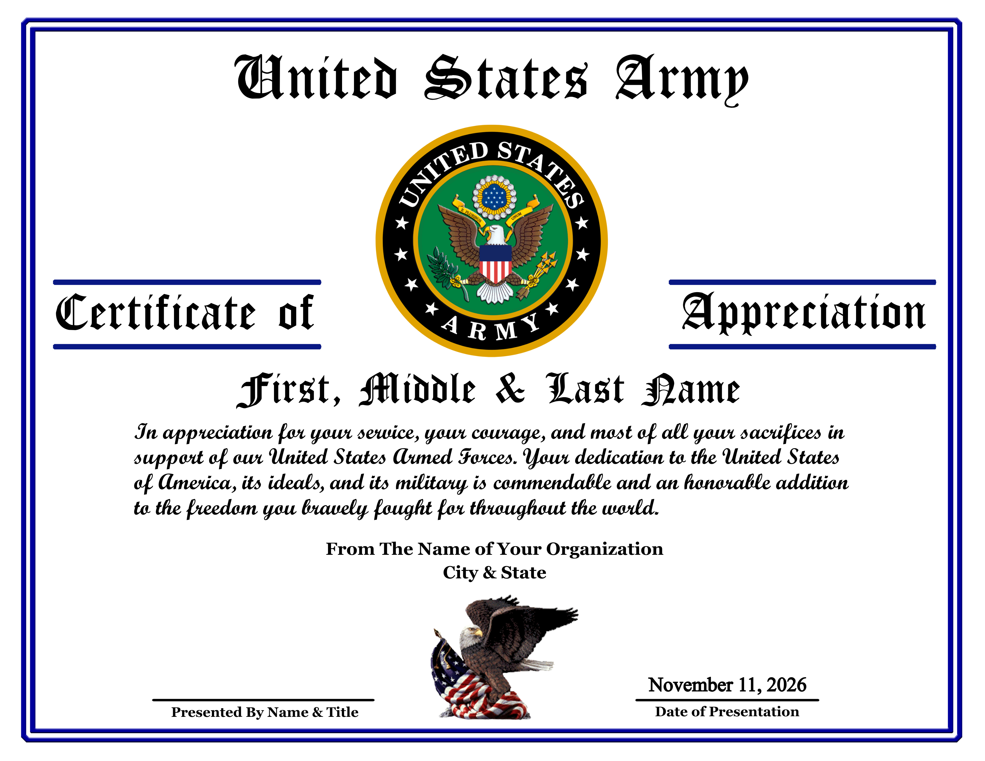 US ARMY VETERAN APPRECIATION CERTIFICATE design preview