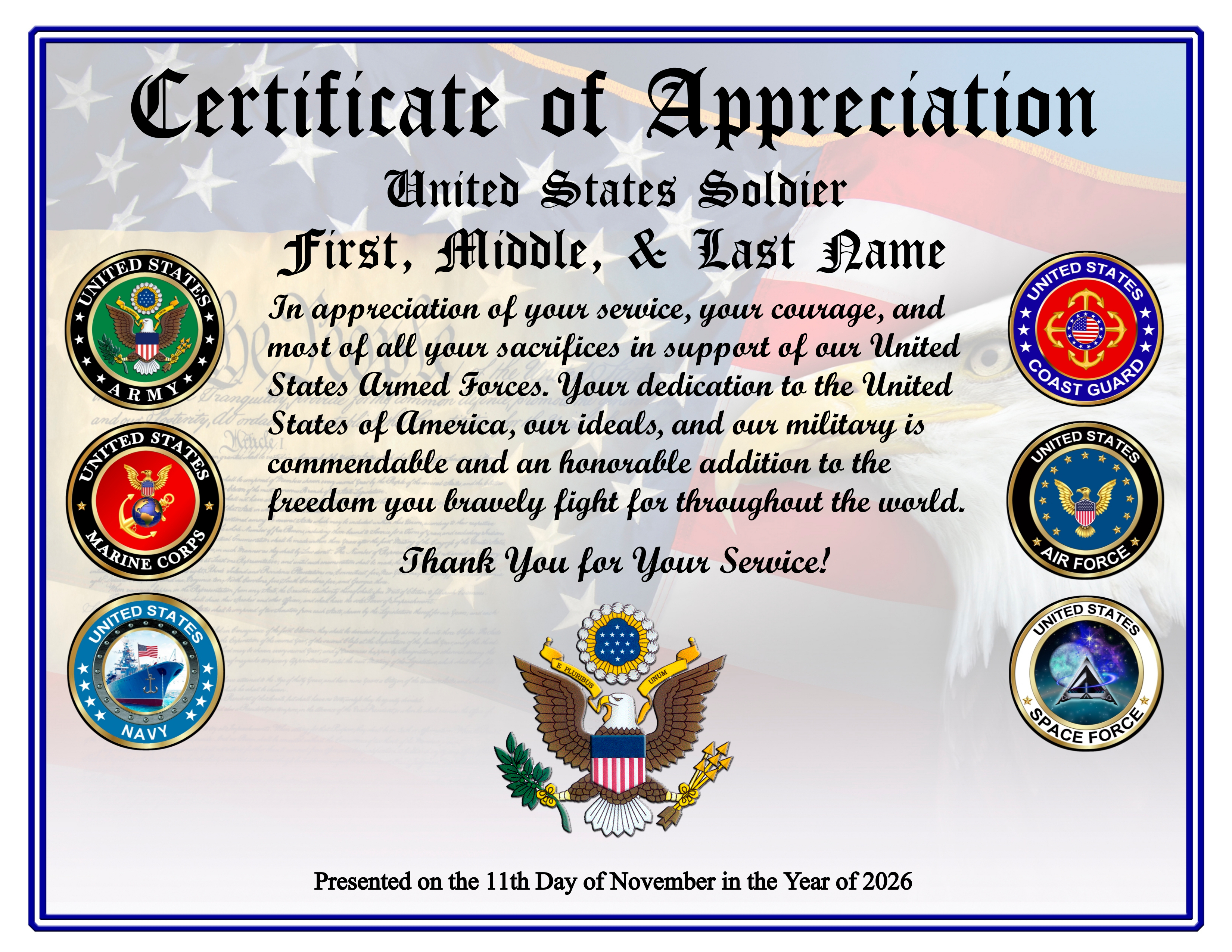 D50 ALL SERVICES ACTIVE MILITARY APPRECIATION CERTIFICATE design preview