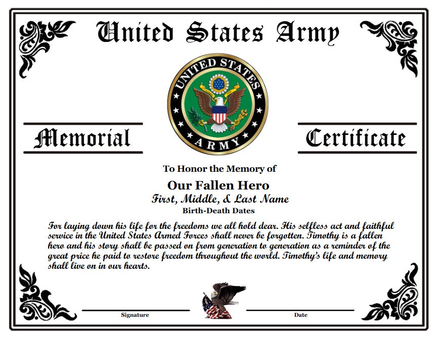 US MILITARY FALLEN HERO MEMORIAL CERTIFICATE design preview