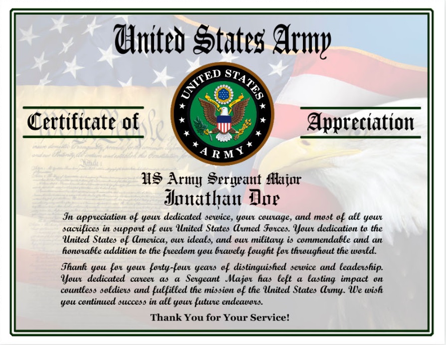 US ARMY RETIREMENT CERTIFICATE design preview