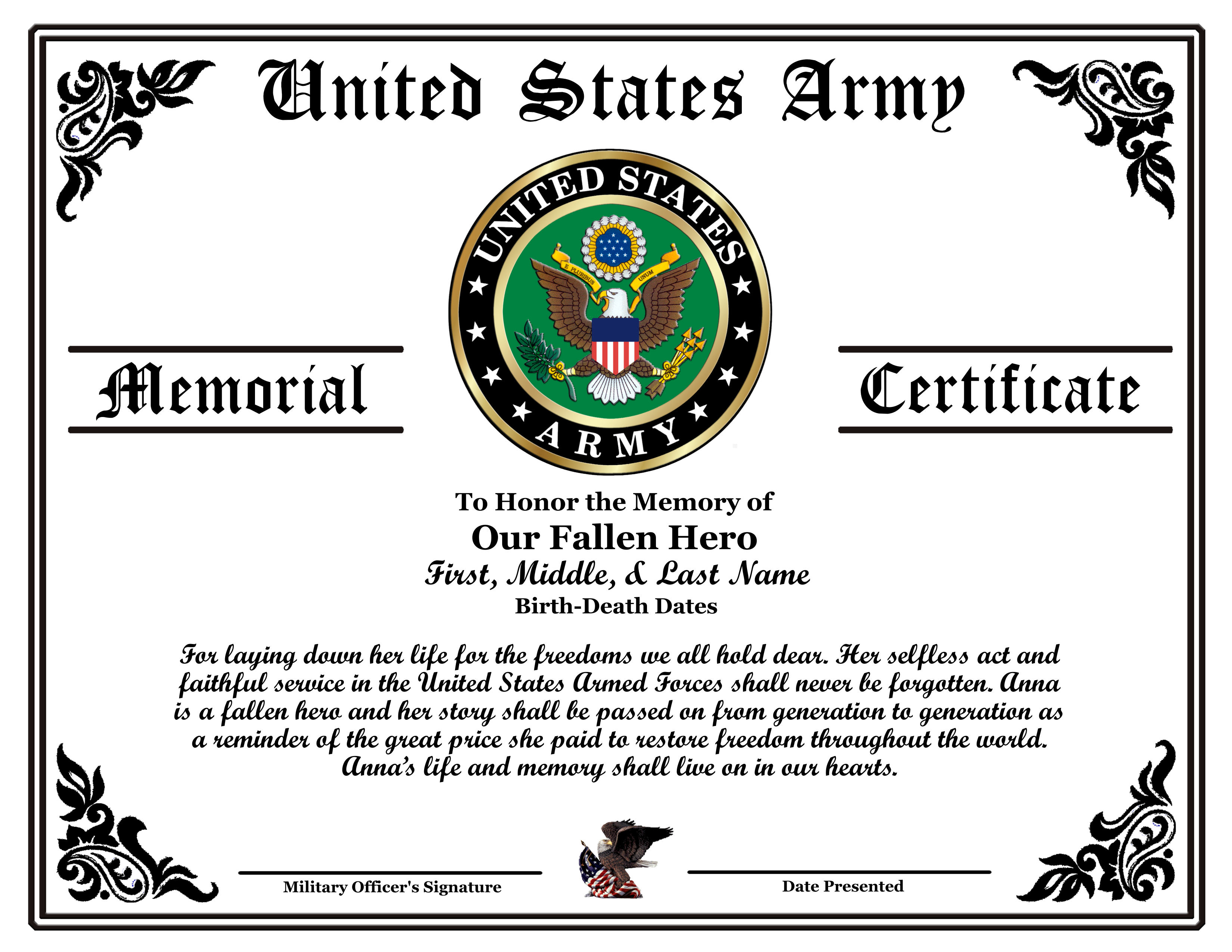 D25 US ARMY FEMALE FALLEN HERO MEMORIAL CERTIFICATE design preview