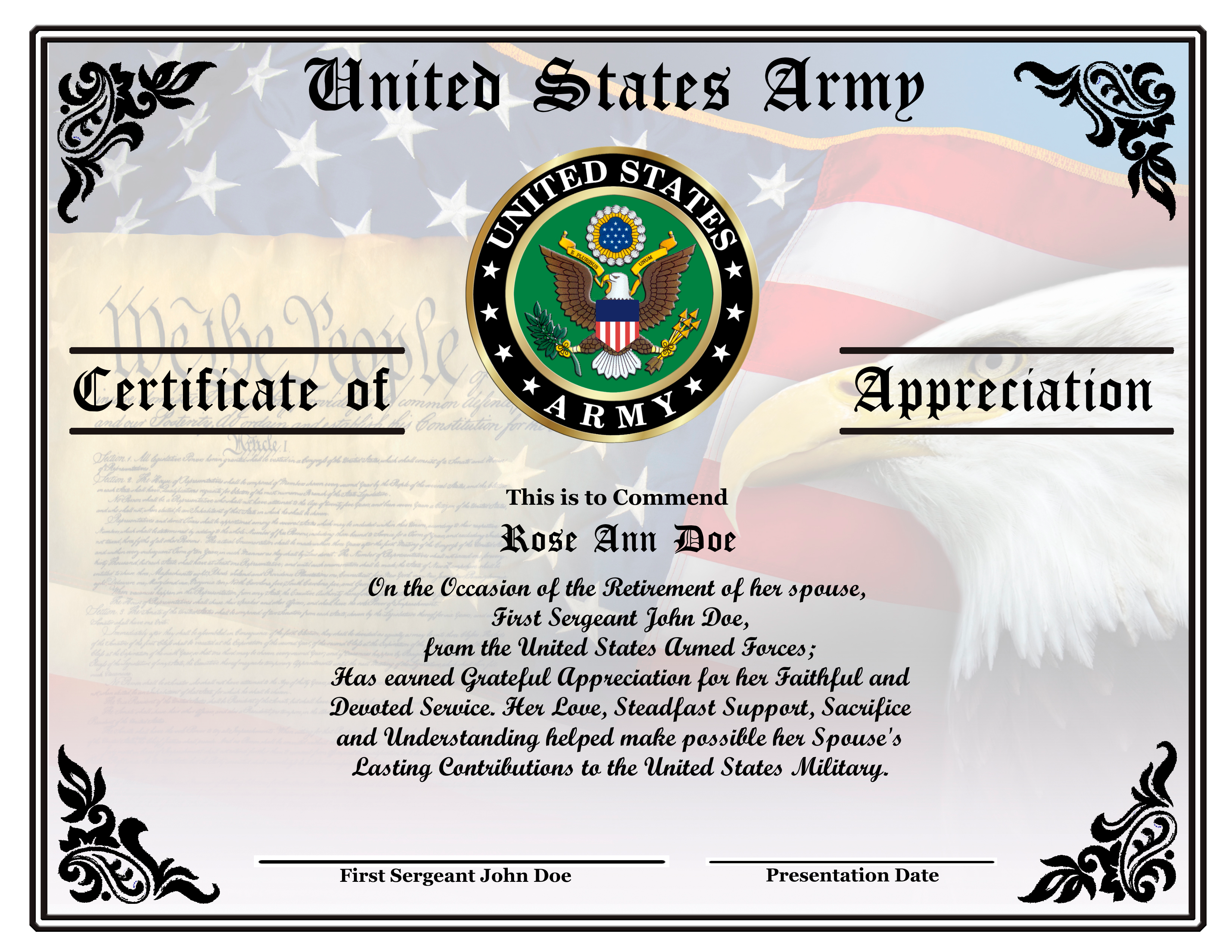 D14  US MILITARY RETIREMENT CEREMONY WIFE CERTIFICATE design preview