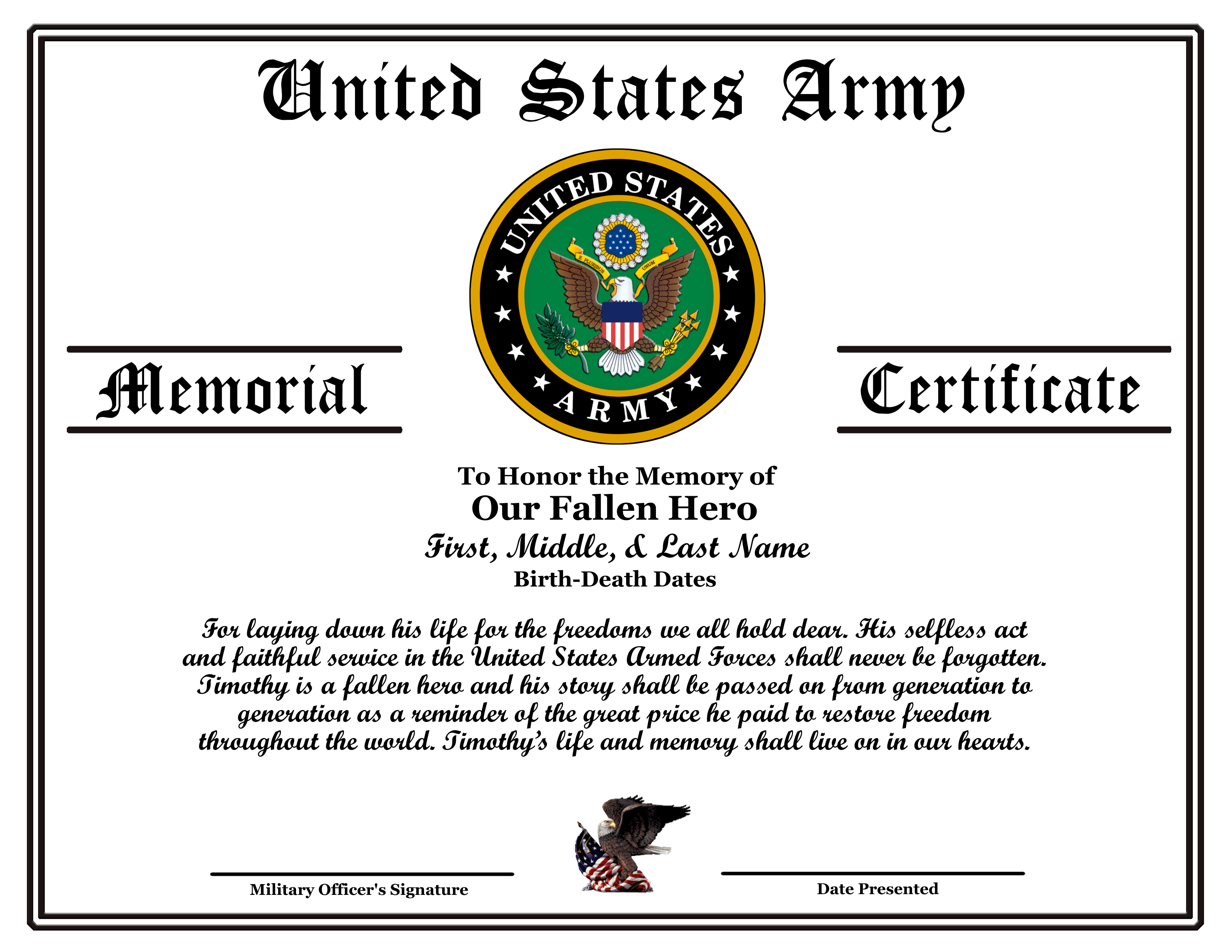 D24 US ARMY FALLEN HERO MEMORIAL CERTIFICATE design preview