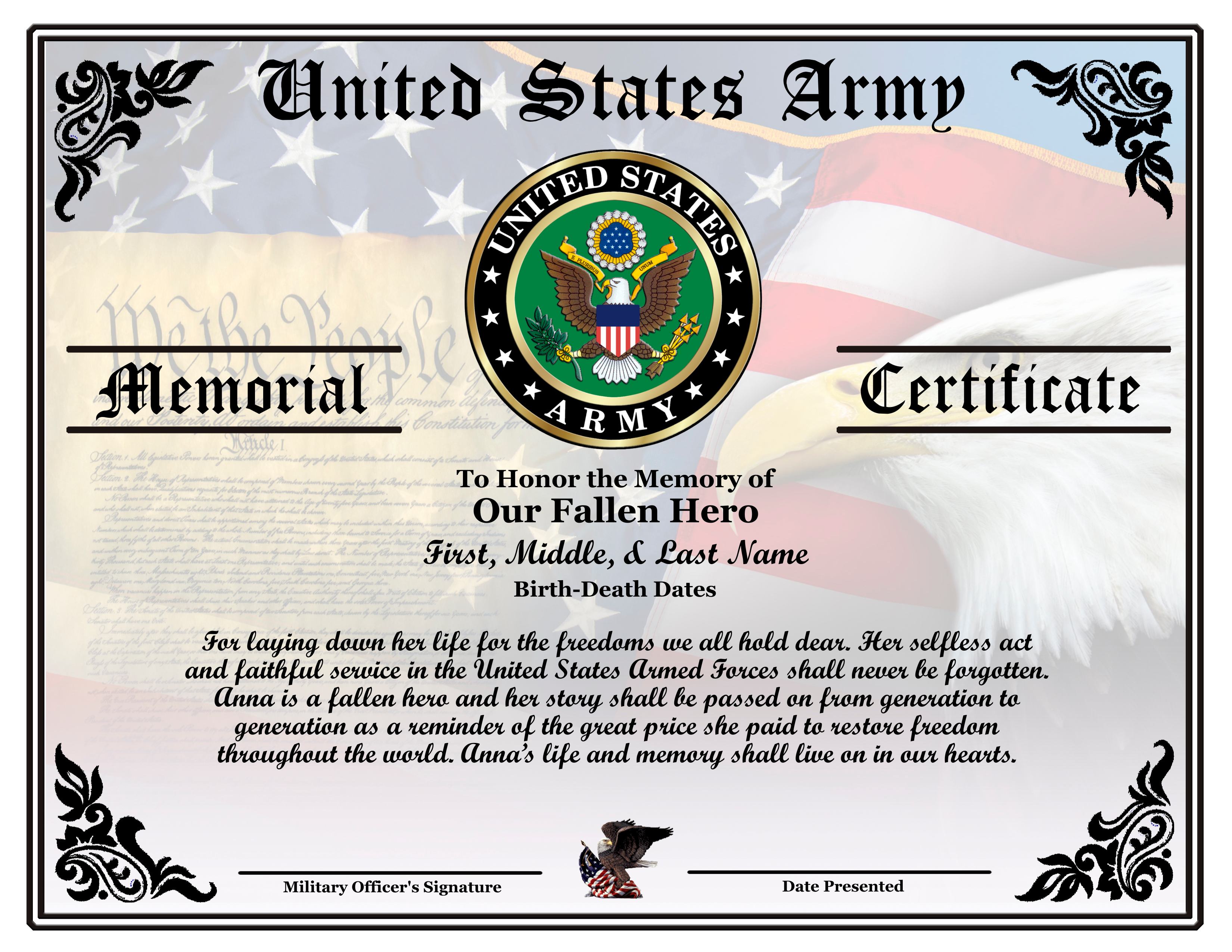D28 US ARMY FEMALE FALLEN HERO MEMORIAL CERTIFICATE design preview