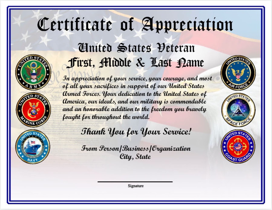 ALL SERVICES VETERAN APPRECIATION CERTIFICATE design preview