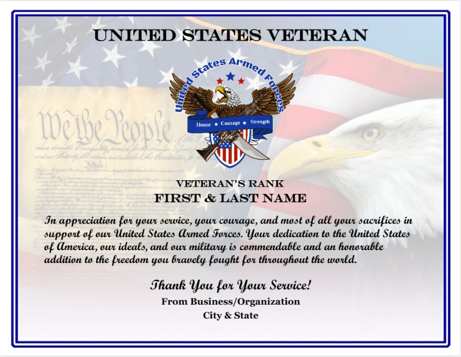 US Veteran Appreciation Certificate design preview