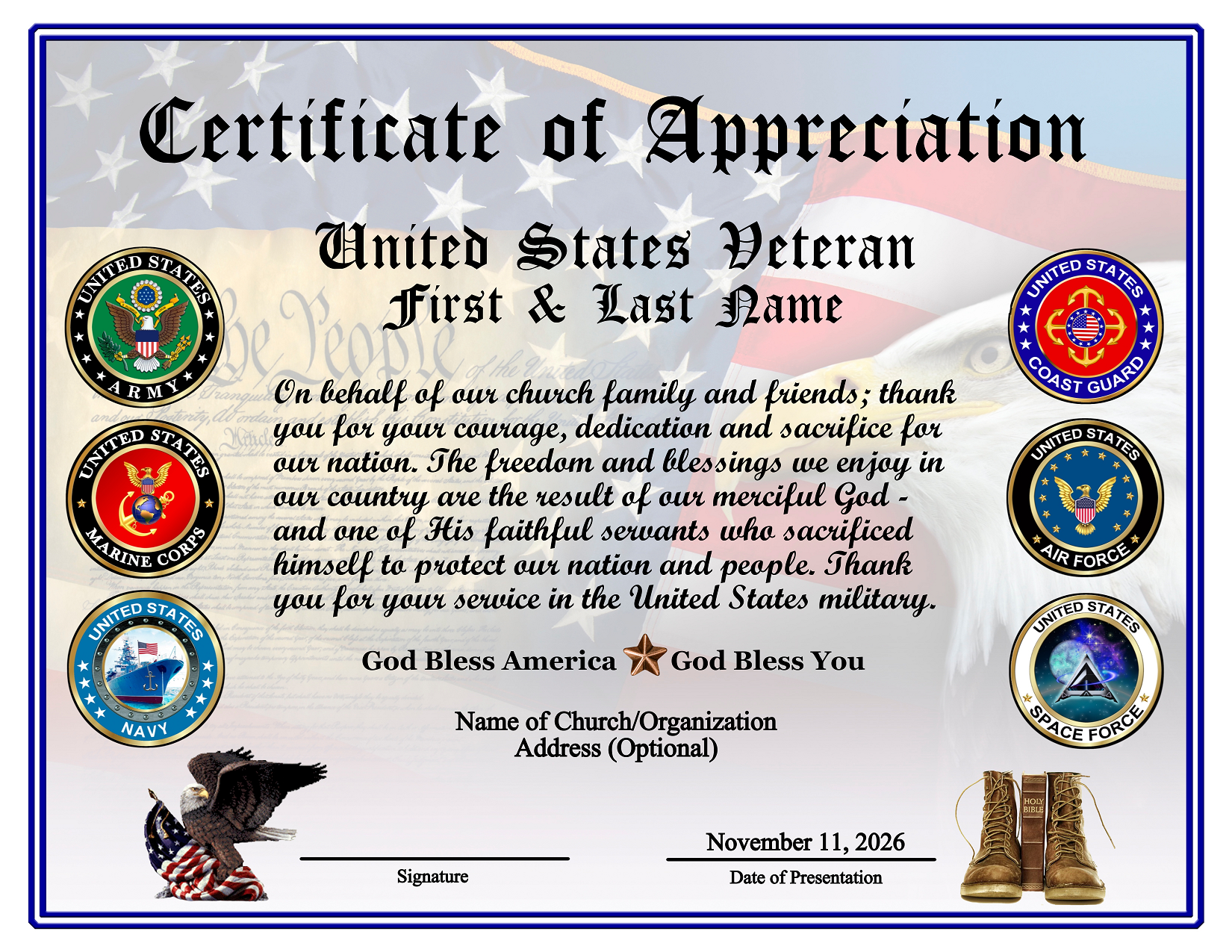 D18 CHURCH US VETERAN ALL SERVICES APPRECIATION CERTIFICATE design preview