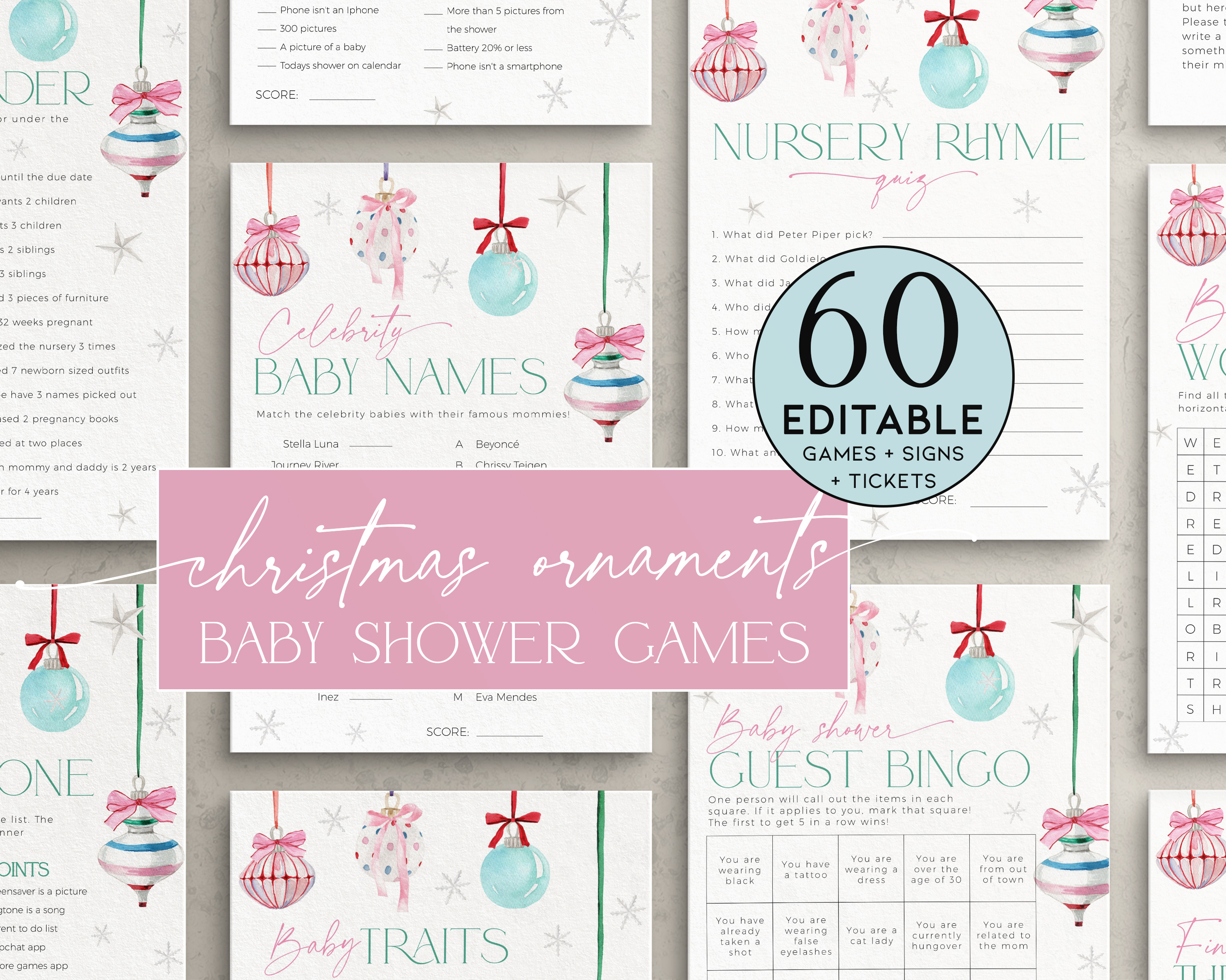 BBG79-00 Baby Shower Games - Pastel Christmas Ornaments design preview