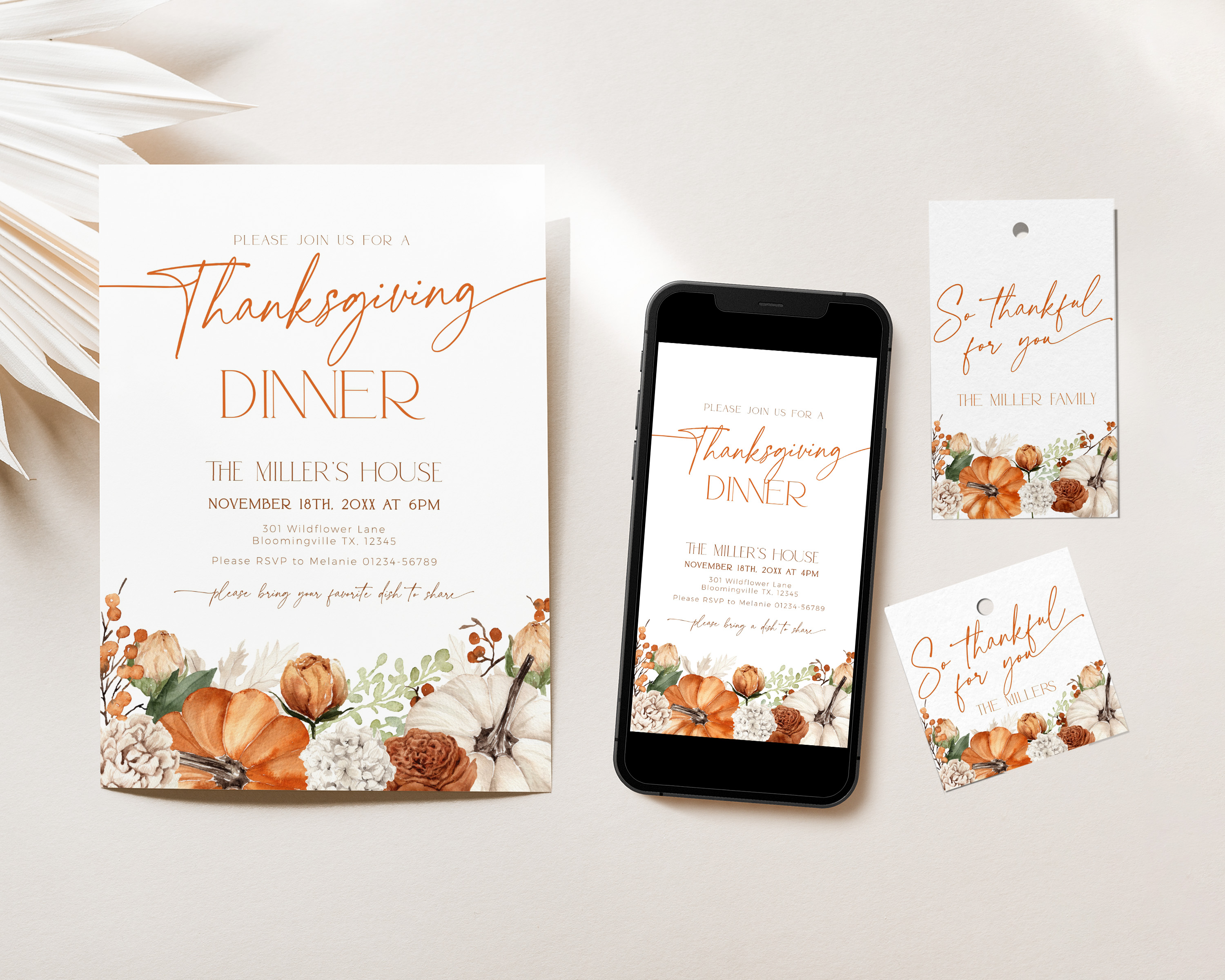 CHB64-01 Thanksgiving Invitation Bundle - Floral Pumpkin Orange design preview
