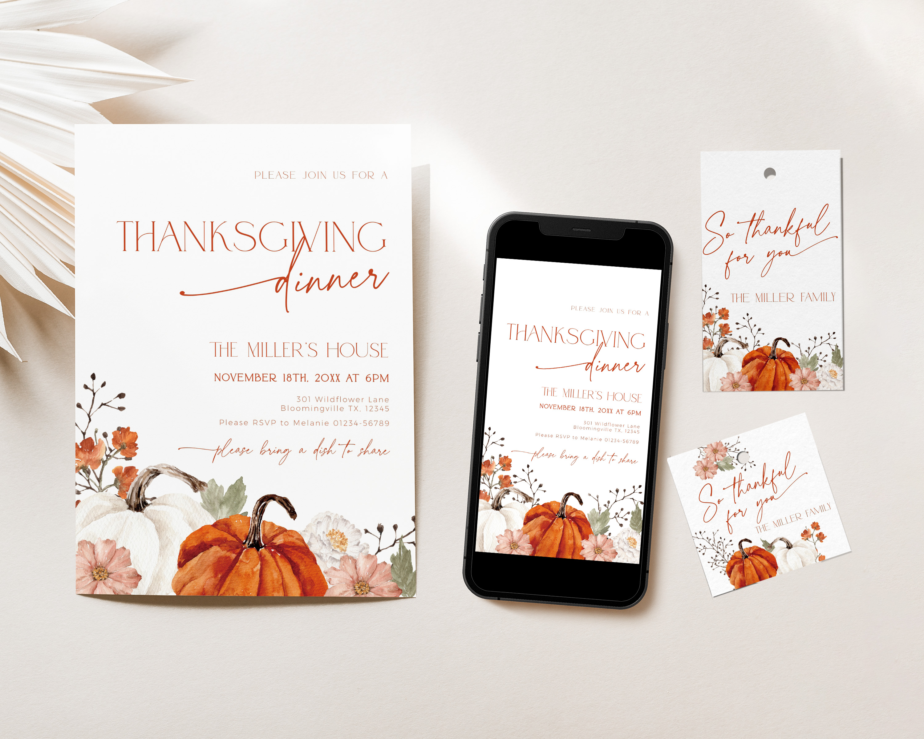 CHB67-01 Thanksgiving Invitation Bundle - Pumpkin Flowers design preview
