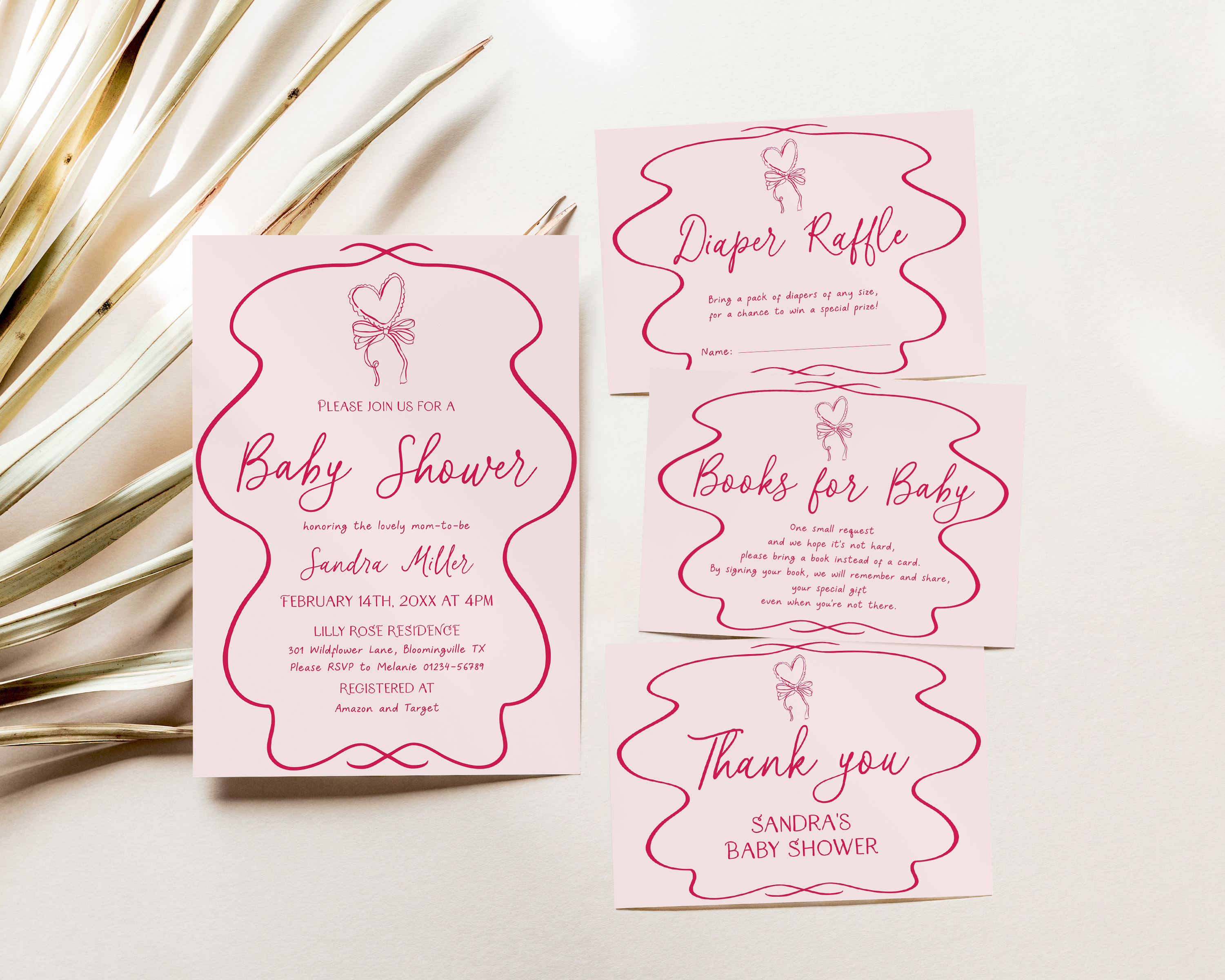 BBB96-01 Invitation Bundle - Hand Drawn Heart and Bow Pink design preview