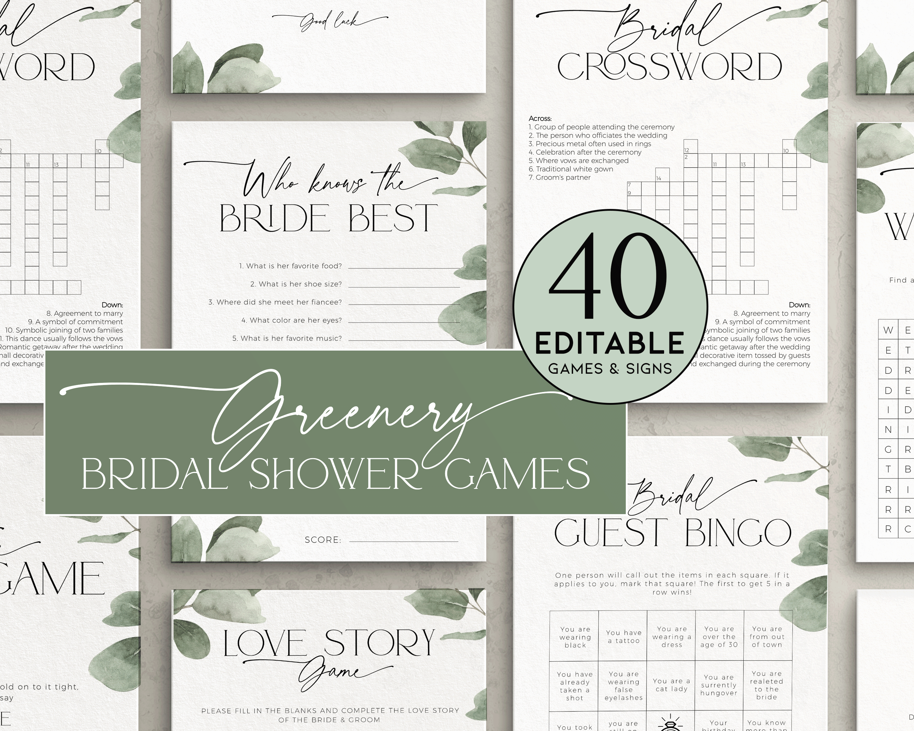 BSG39-00 Bridal Shower Games BUNDLE - Eucalyptus design preview