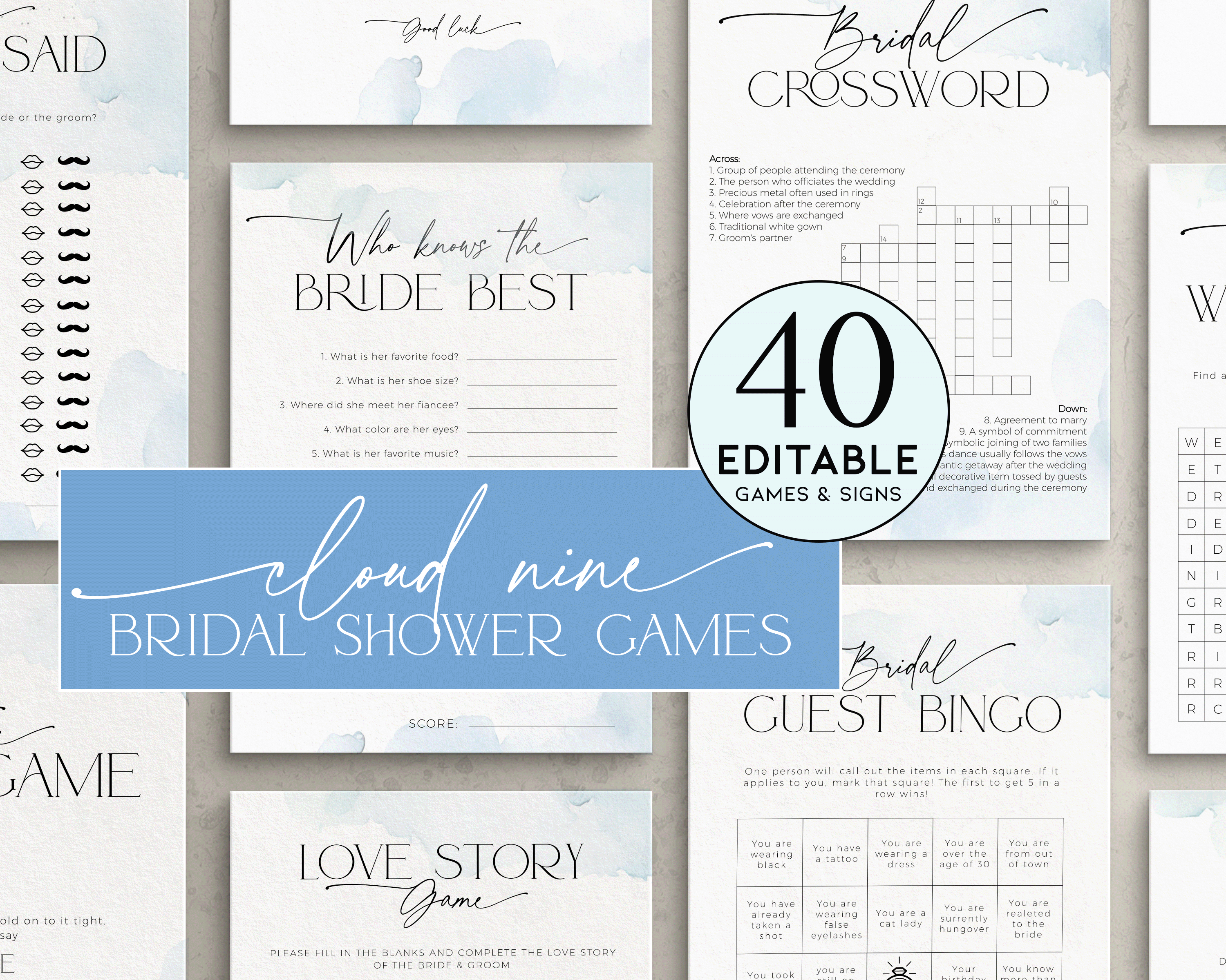 BSG37-00 Bridal Shower Games BUNDLE - Cloud nine blue design preview