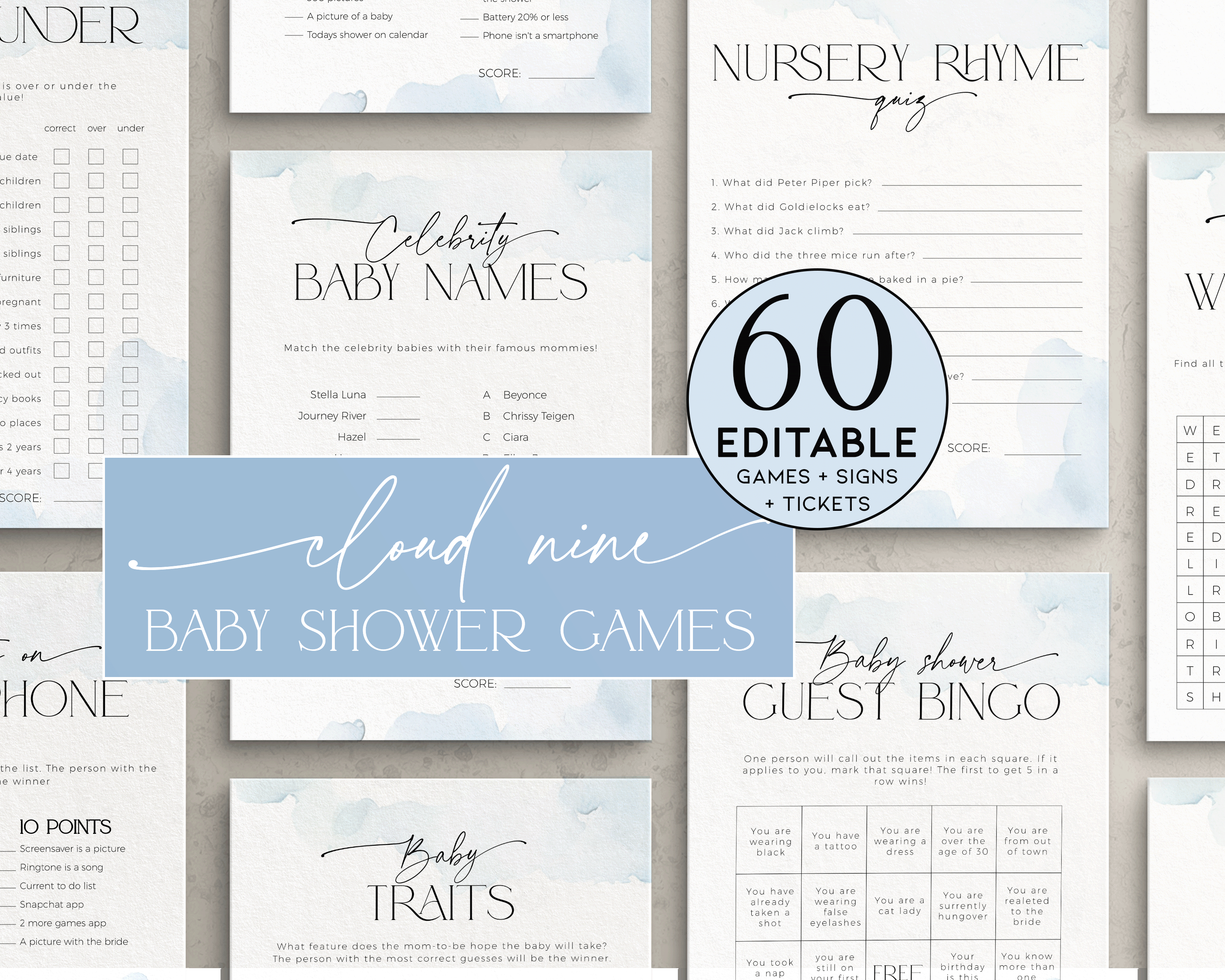 BBG37-00 Baby Shower Games BUNDLE - Cloud nine blue design preview