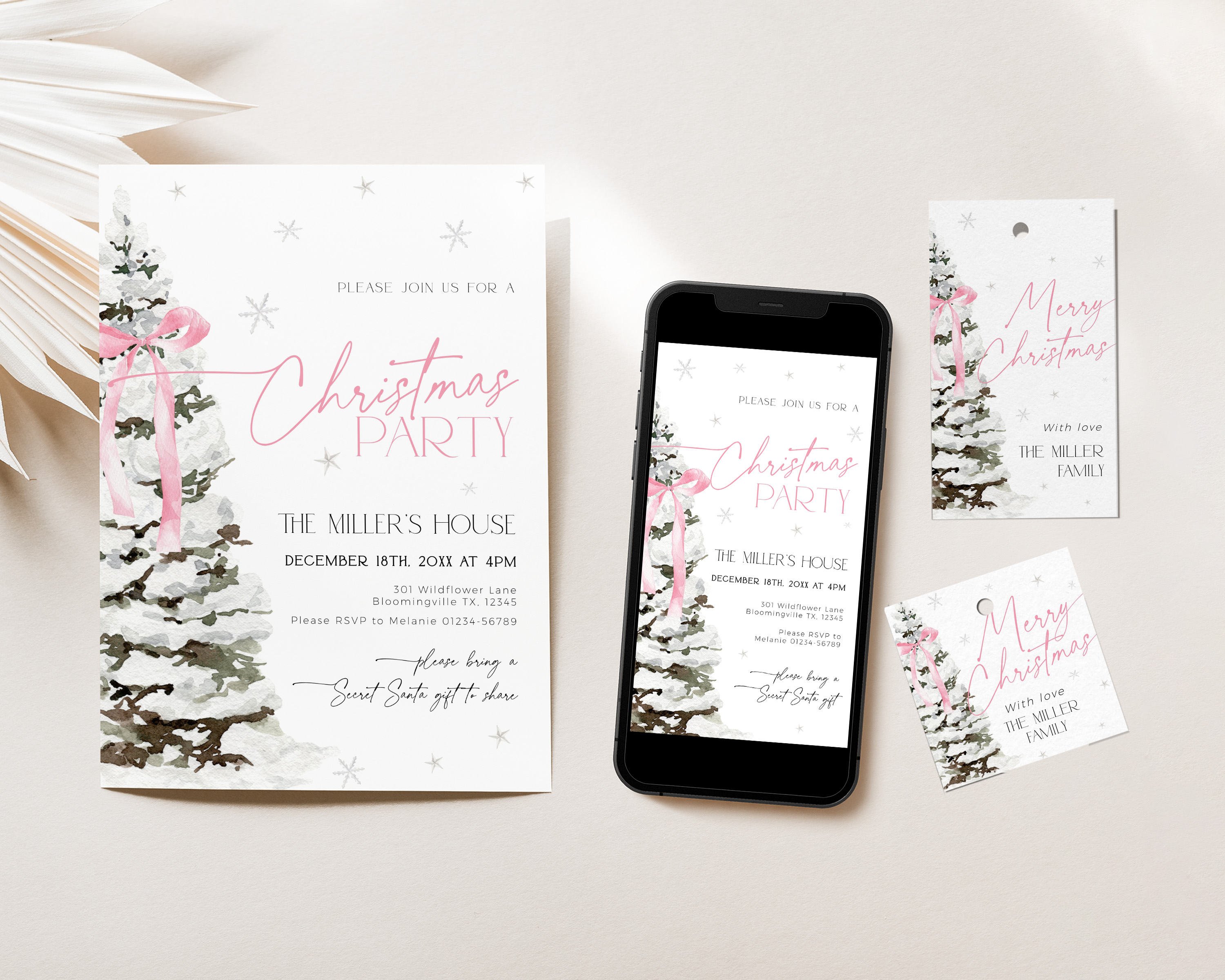 CHB76-01 Invitation - Christmas Tree Pink Bow design preview