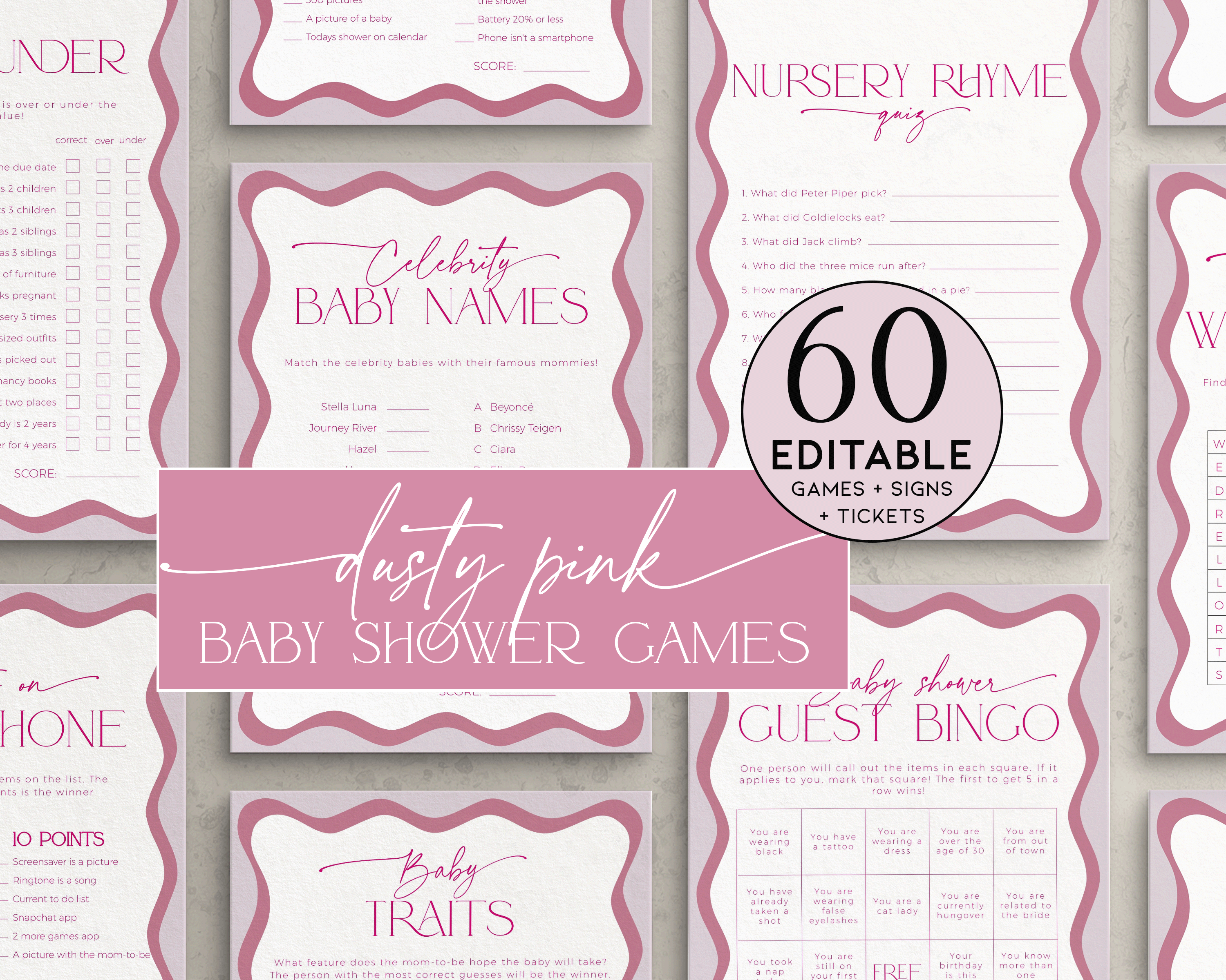 BBG45-00 Baby Shower Games BUNDLE - Wavy Border Mauve design preview
