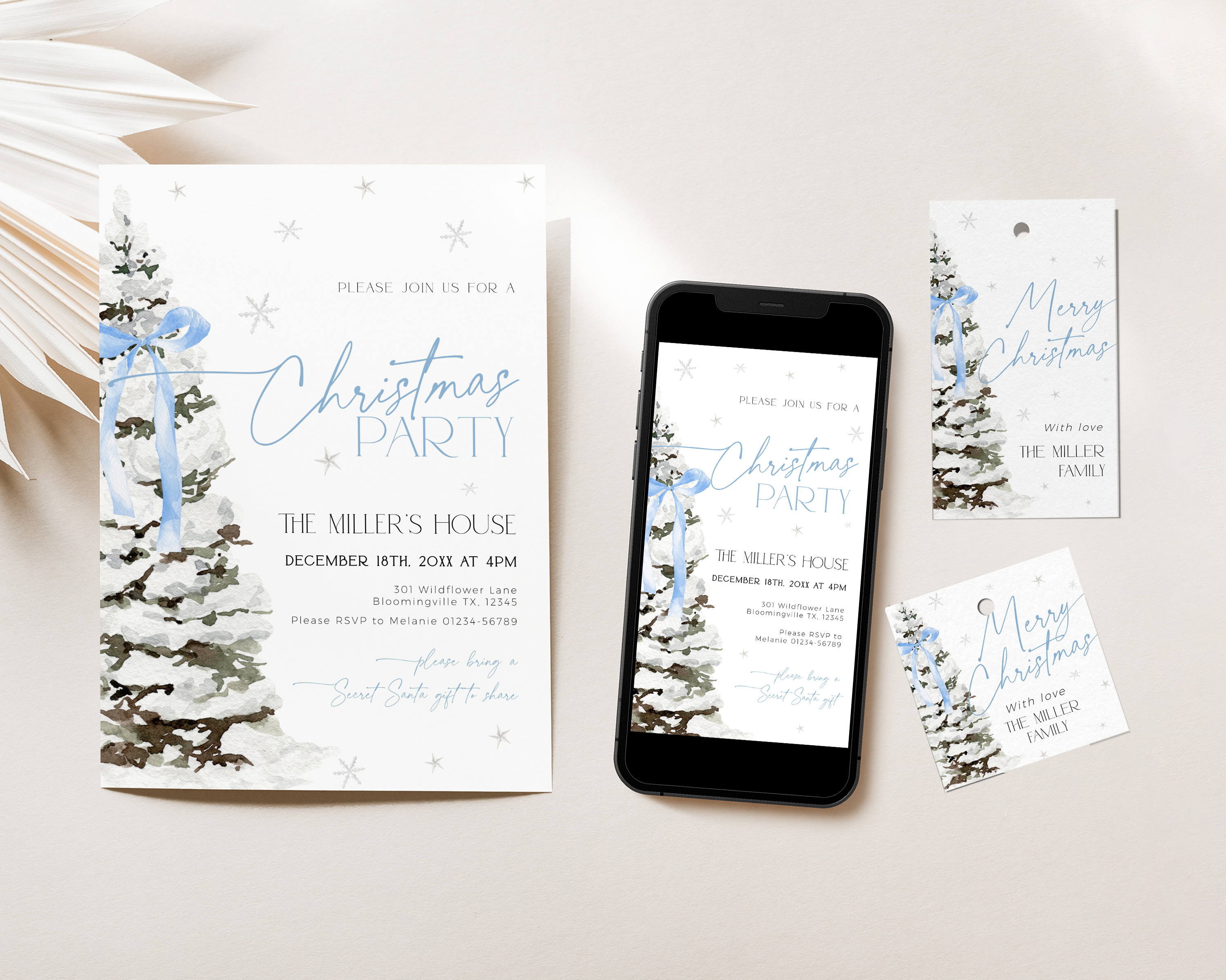 CHB77-01 Invitation Bundle - Christmas Tree Blue Bow design preview