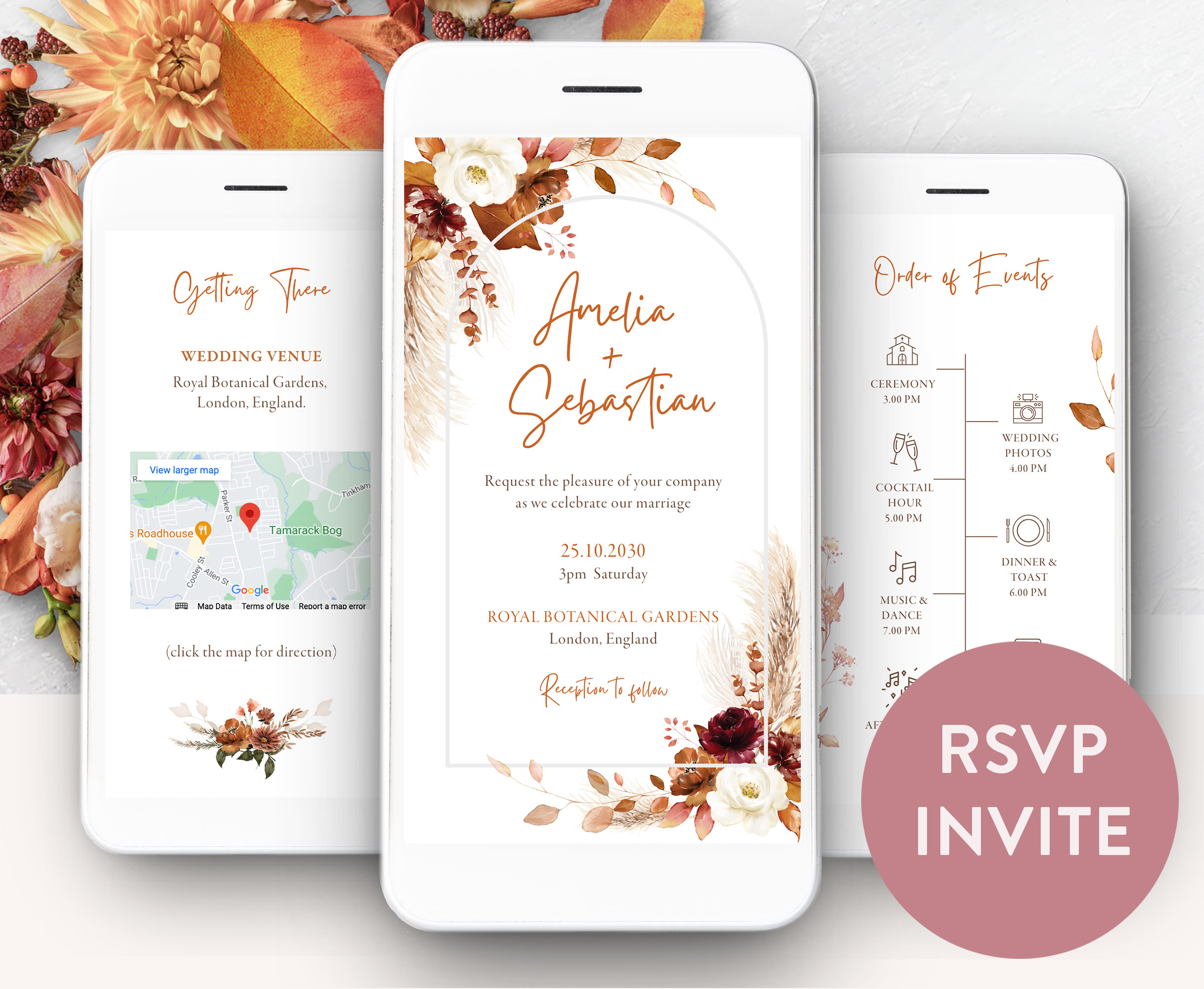 Autumn Editable Digital wedding invitation template with rsvp design preview
