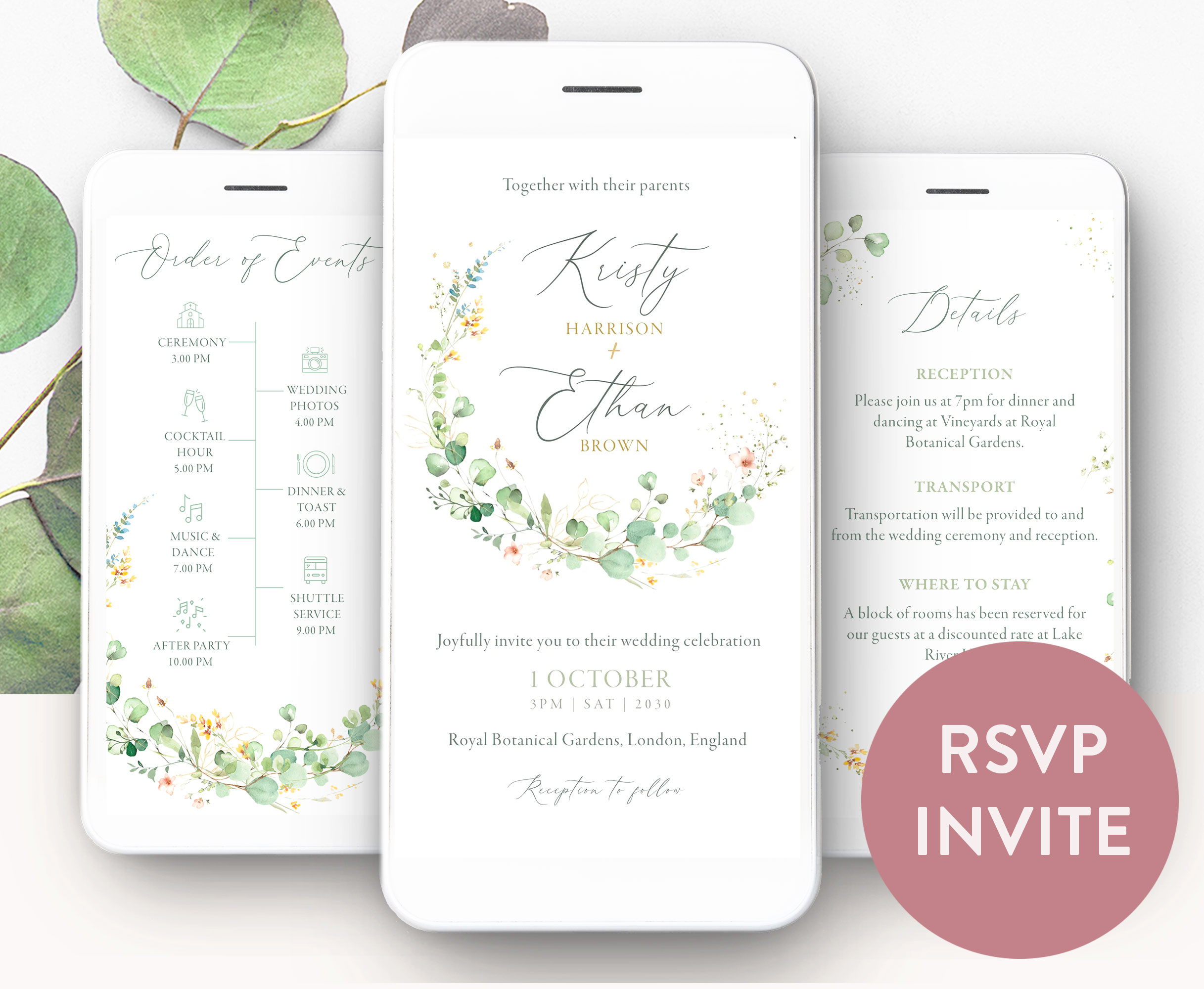 Eucalyptus Digital Wedding Invitation with RSVP design preview