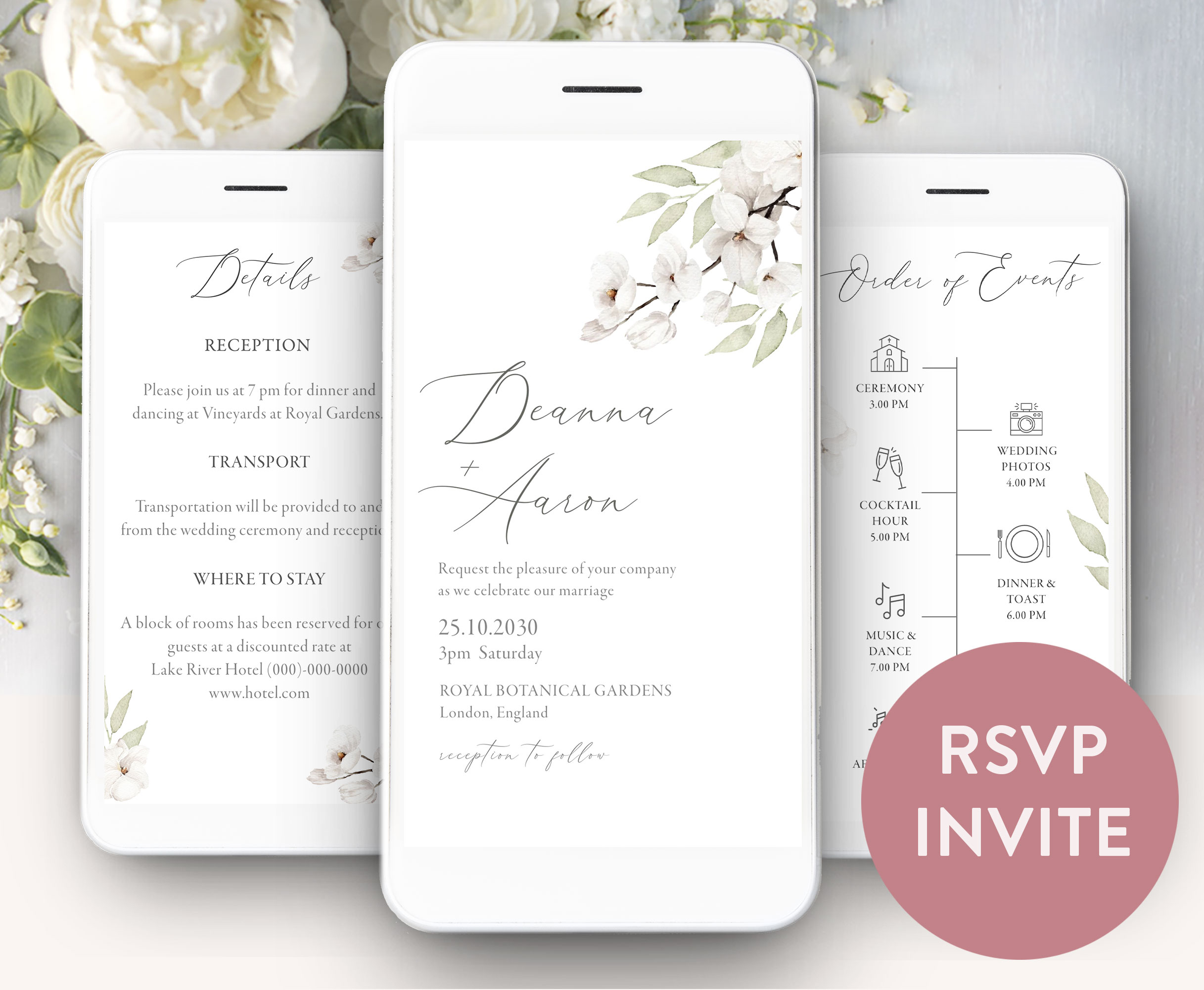 White Floral Digital wedding invitation with rsvp design preview