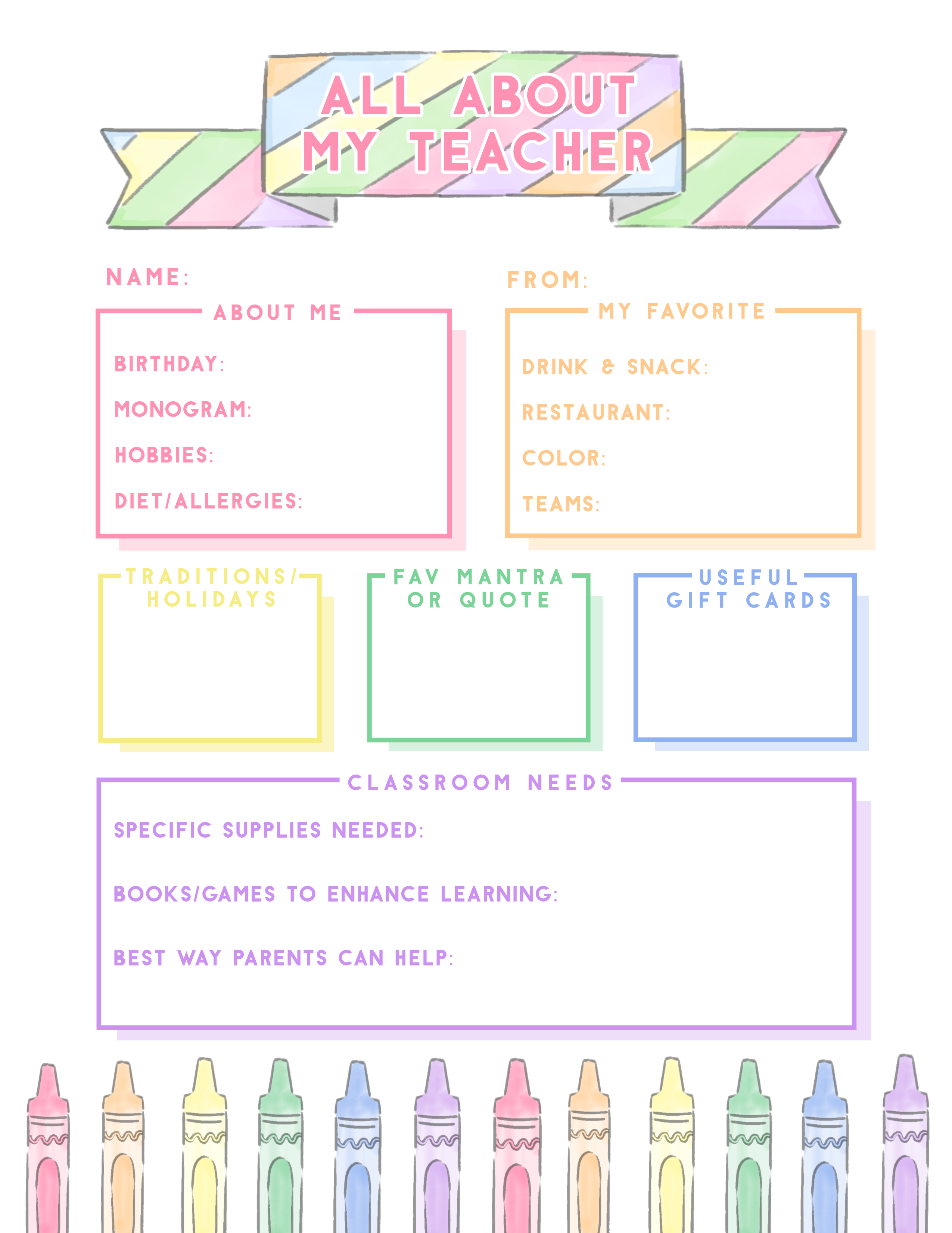 All About My Teacher - Rainbow Banner - Crayons design preview