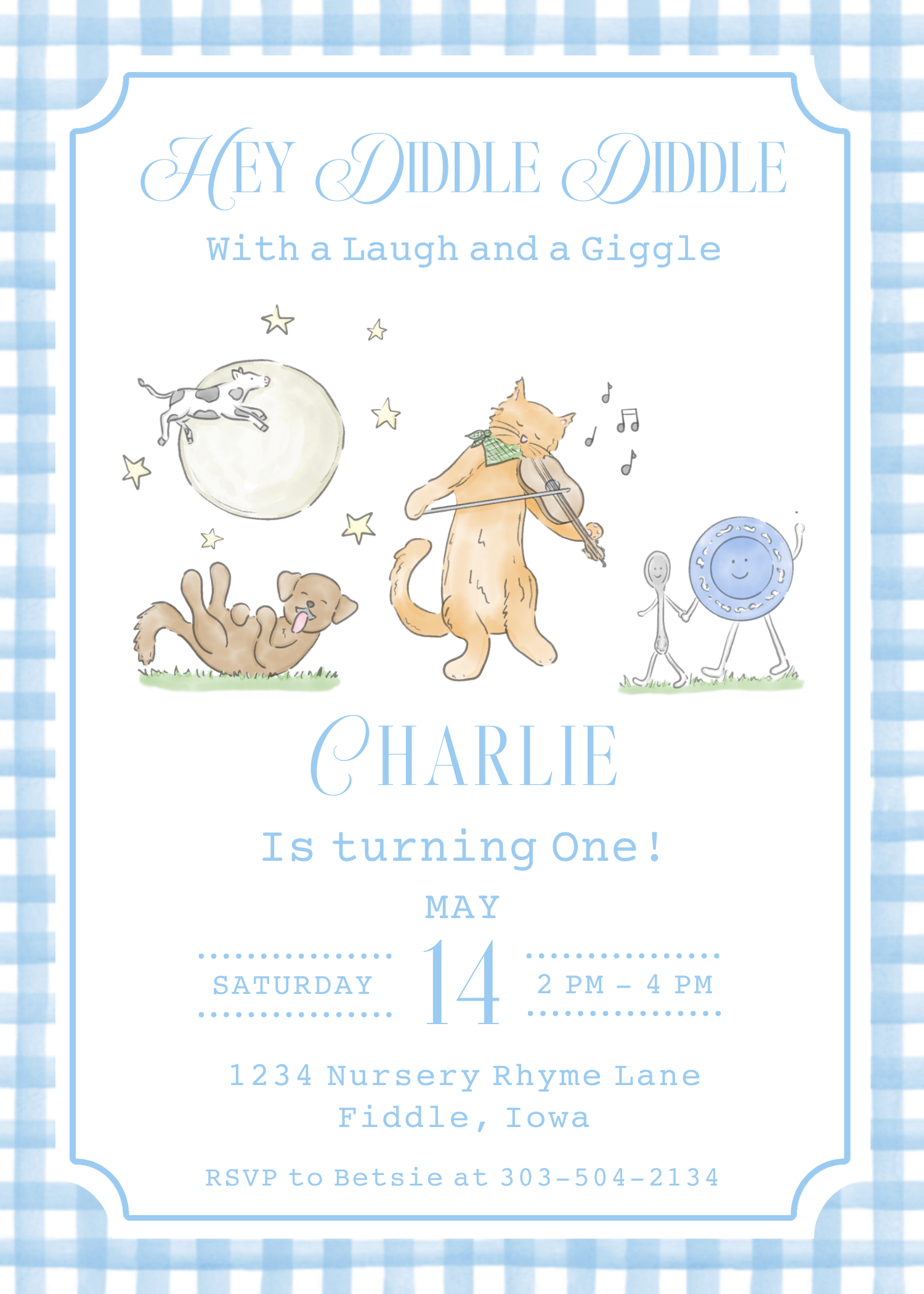 Birthday Invitation - Diddle Diddle - Nursery Rhyme - Blue Gingham - Cat and Fiddle design preview