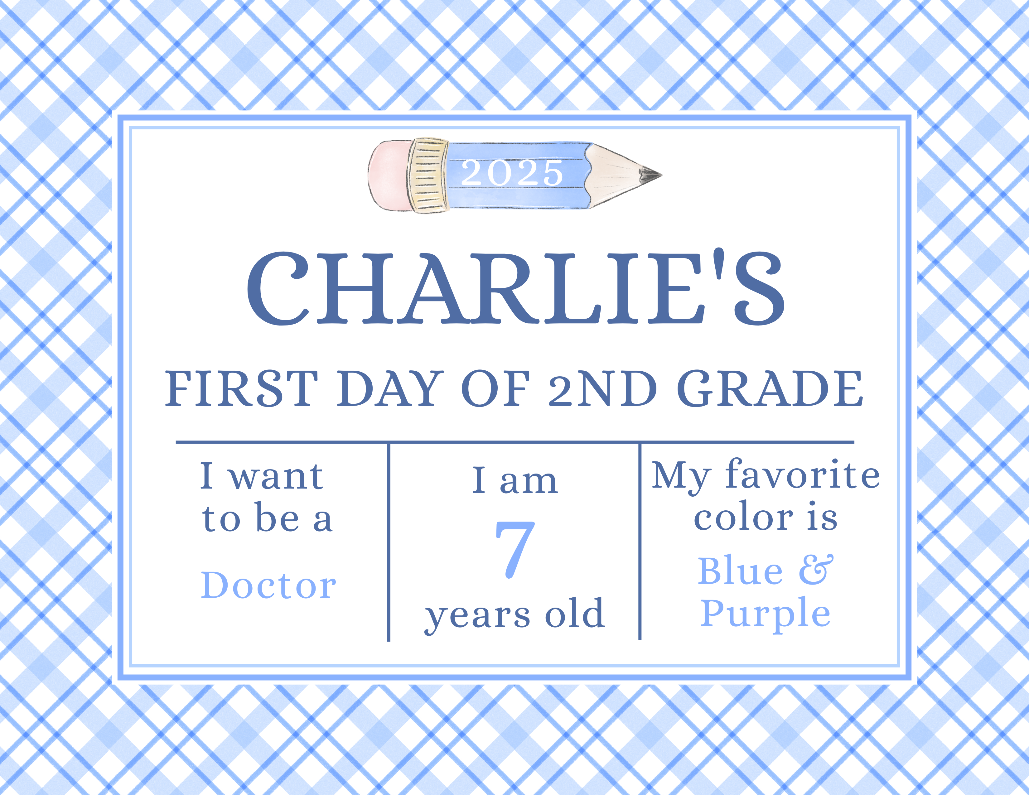 Back to School Sign - Pencil Blue Plaid - Milestone Questions design preview