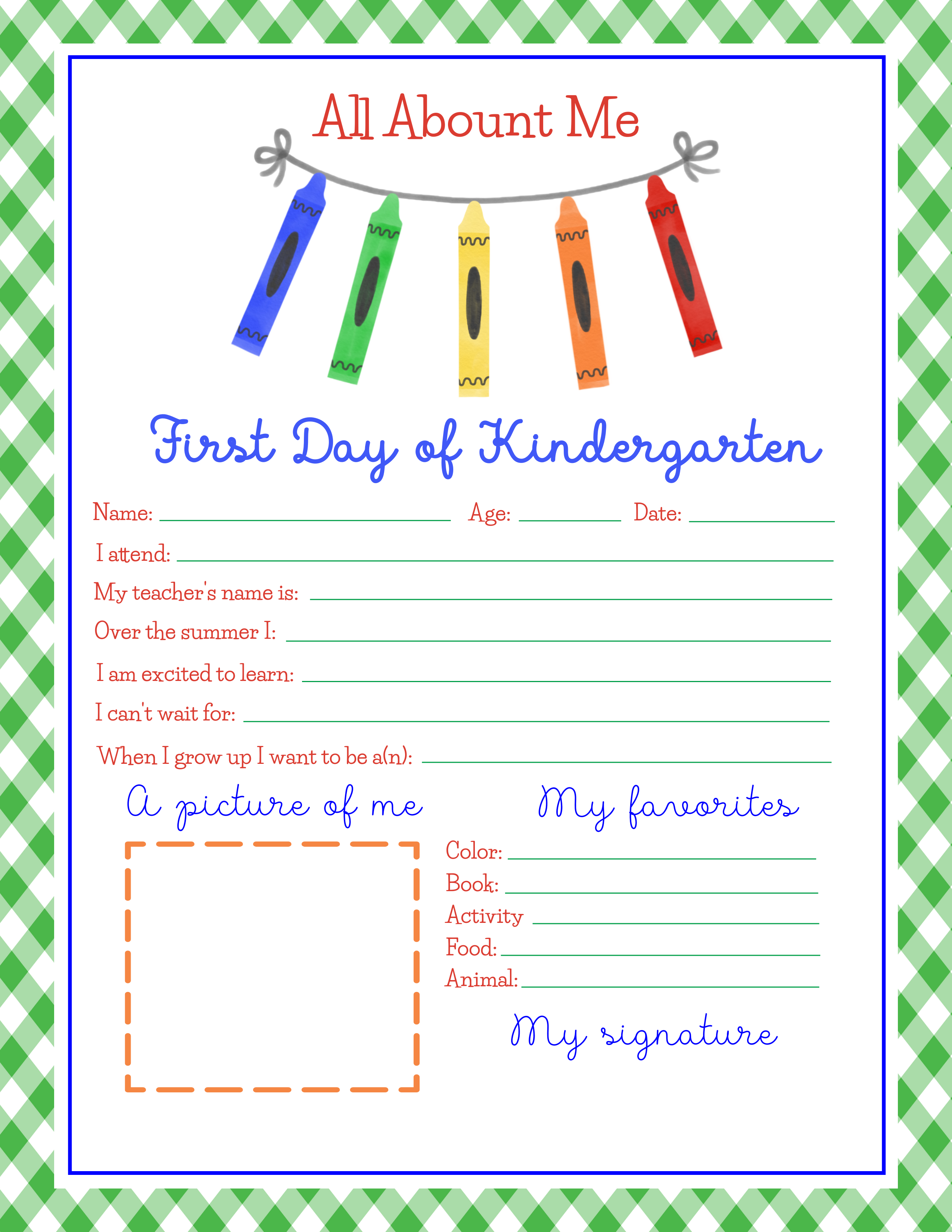 Printable All About Me Green Gingham 8.5 x 11 in design preview