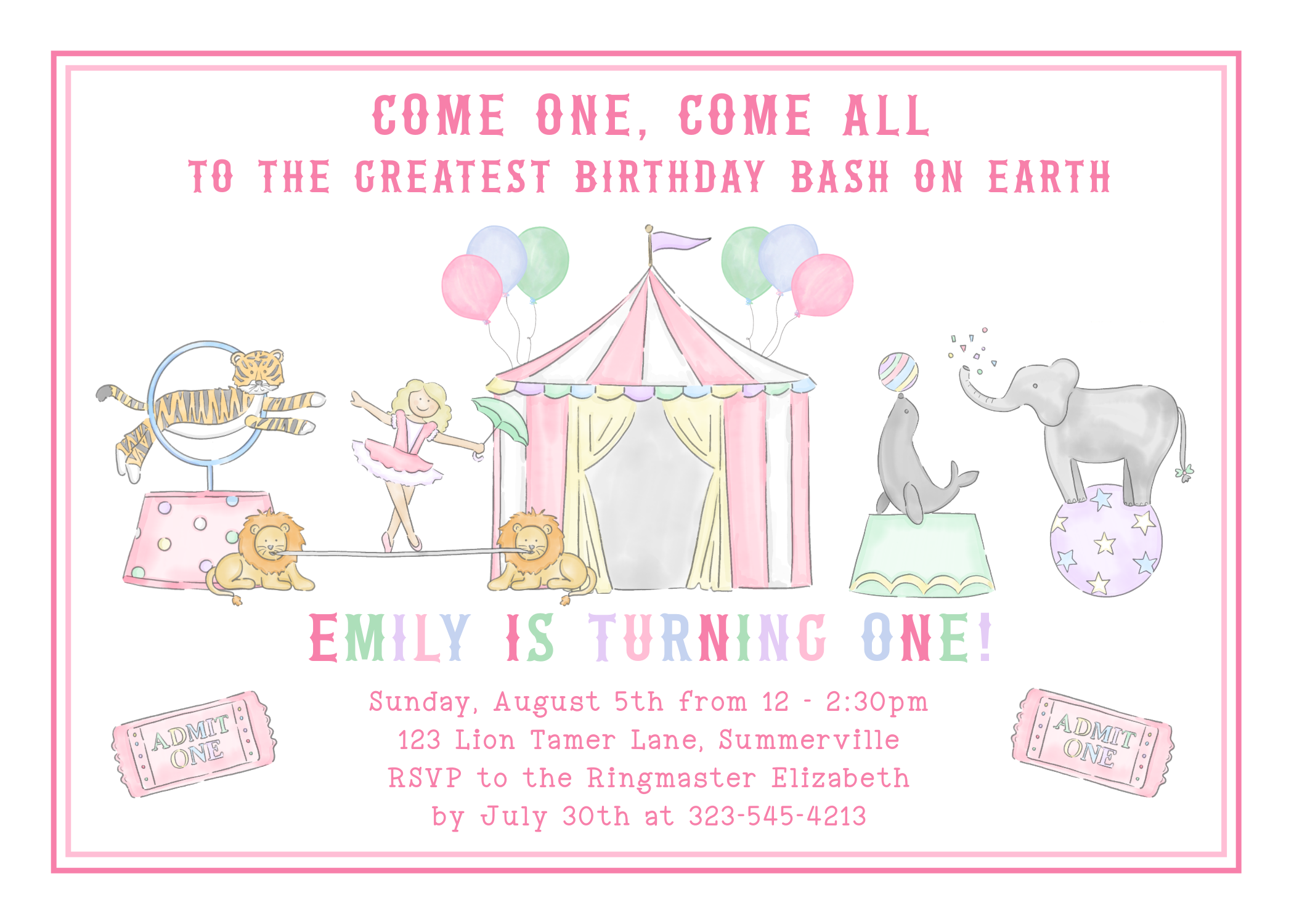 Birthday Invitation - Horizontal Circus - Pink 7 x 5 in design preview