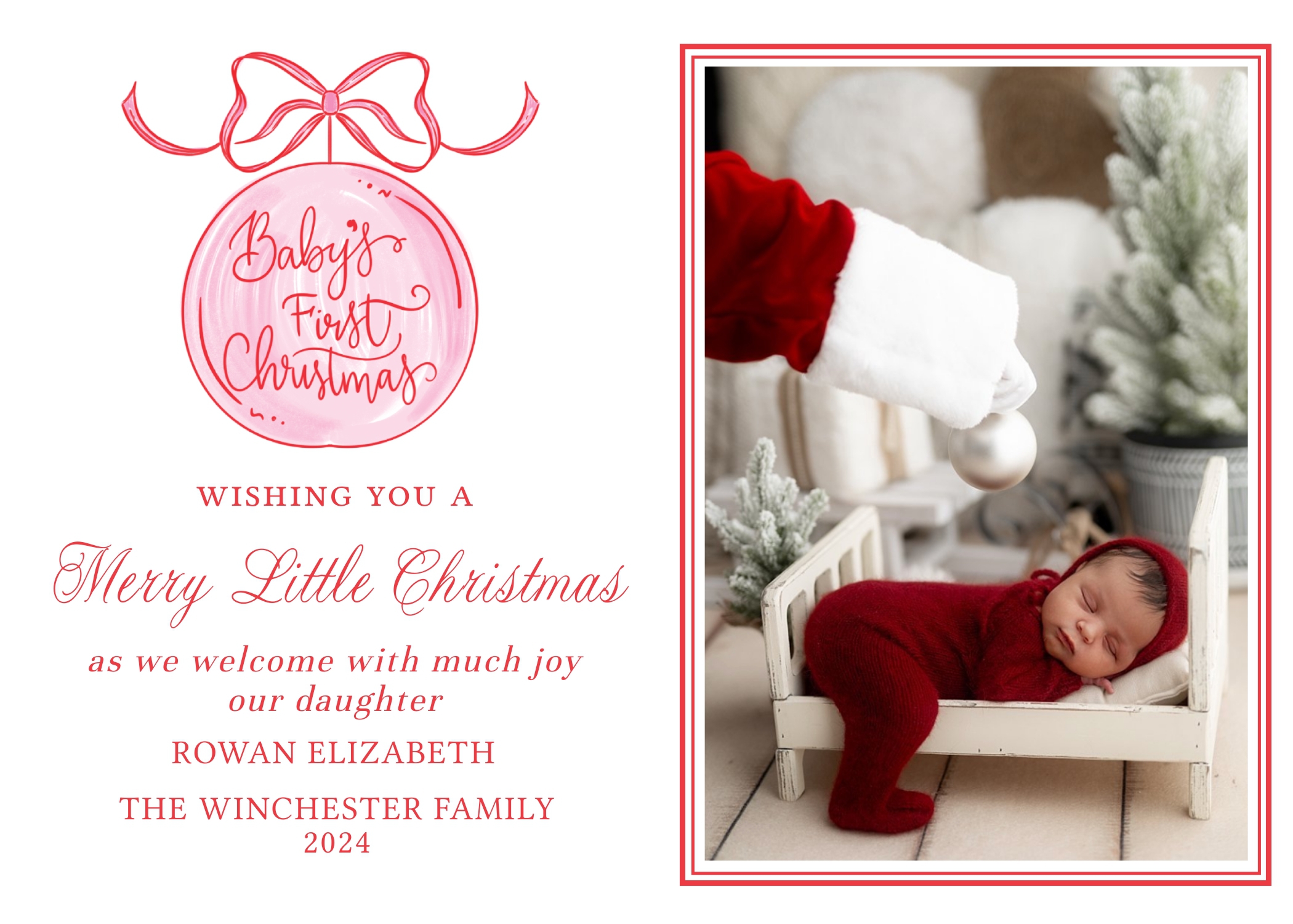 Christmas Card 2023 - Pink Baby's First Christmas 7 x 5 in design preview