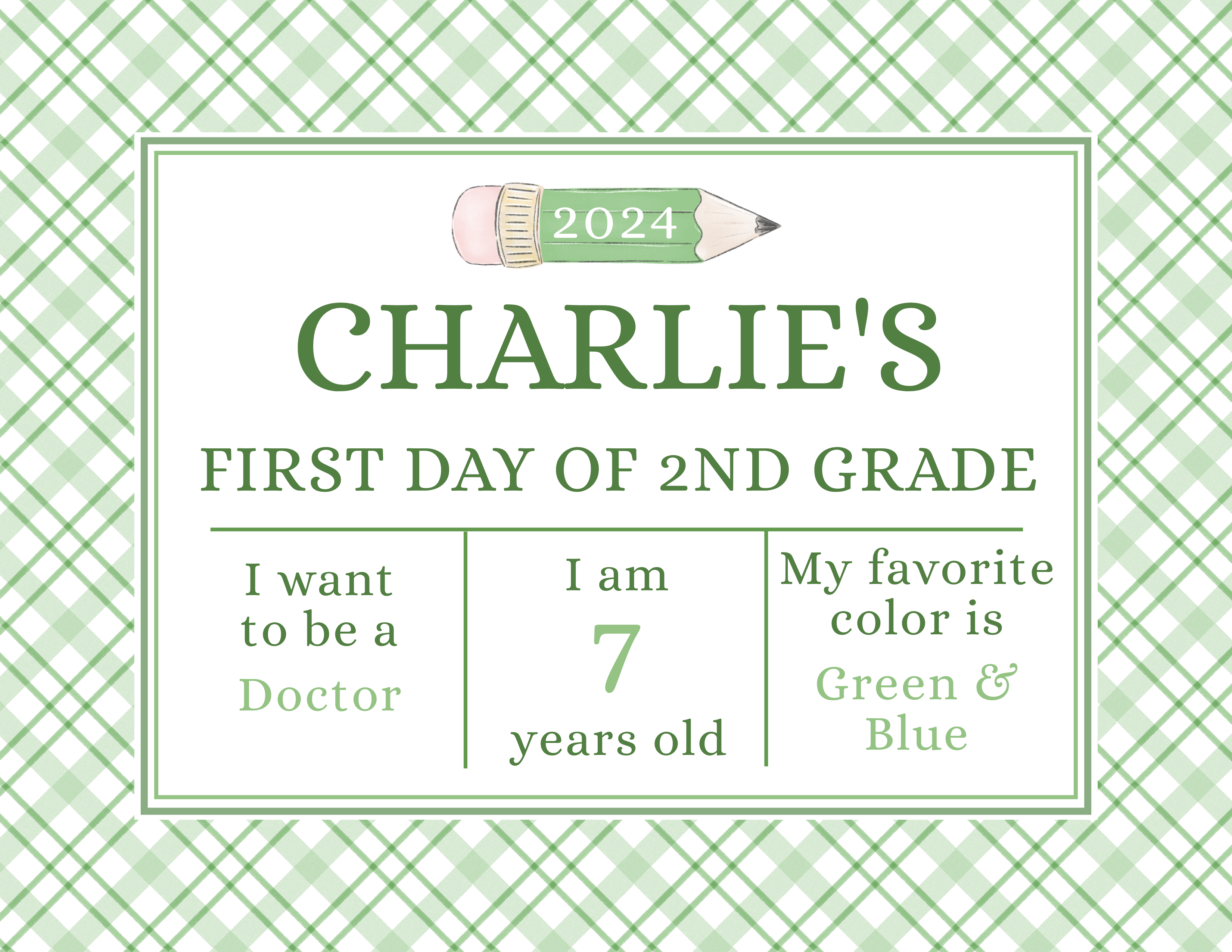 Back to School Sign - Pencil Green Plaid - Milestone Questions design preview