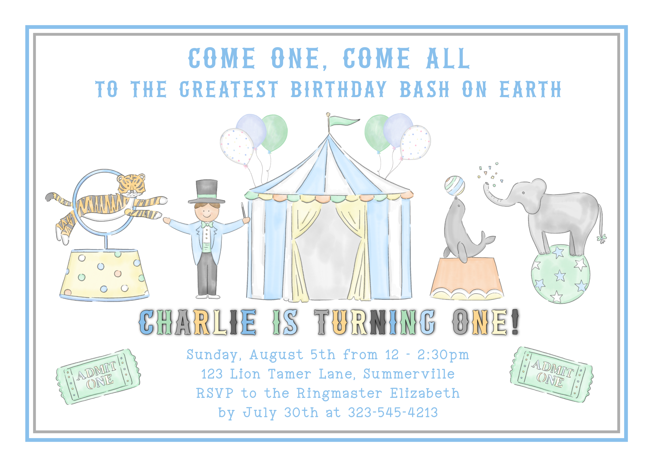 Birthday Invitation - Horizontal Circus - Blue 7 x 5 in design preview