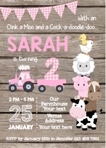 Farm Invitation for Girl Pink Portrait with Wood 5 x 7 design preview