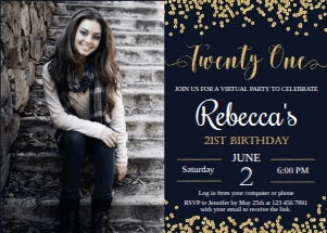 21st Birthday Invitation Virtual Navy and Gold Confetti with Photo design preview