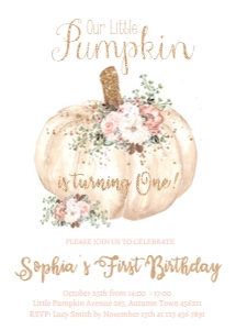 Pink and Gold Pumpkin with Flowers Birthday Invitation design preview
