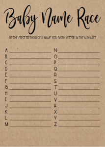 Baby Shower Game Kraft Name Race: Baby Shower Game Kraft Kit