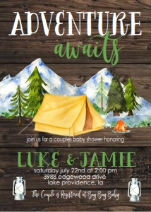 Baby Shower Couples Rustic Adventure Mountain Yellow Tent Invitation 536481922 design preview
