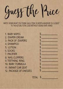 Baby Shower Game Kraft Price Guess: Baby Shower Game Kraft Kit