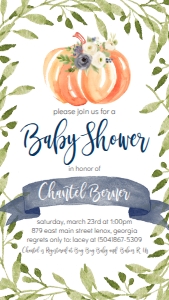 Blue Floral Pumpkin Banner Text Invitation: Baby Shower Pumpkin Blue Greenery Frame