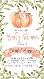 BS Pink Floral Pumpkin Text Invitation: Baby Shower Peach Pumpkin Greenery