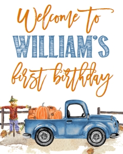 Birthday Pumpkin Truck Welcome Sign Light Blue 8x10: Birthday Pumpkin Light Blue Truck Leaves Hay Photo Invite