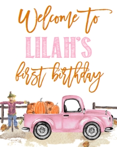 Birthday Pumpkin Truck Welcome Sign Light Pink: Birthday Light Pink Pumpkin Truck