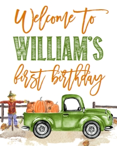 Birthday Pumpkin Truck Sage Green Welcome Sign 8x10: Birthday Pumpkin Truck Sage Green Invite