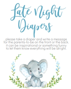 Baby Shower Printable Blue Elephant Late Night Diapers Sign: BSS Blue Elephant Welcome Sign 18x24