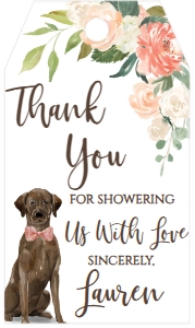 Baby Shower Favor Tag Boho Peach Floral Chocolate Lab: Baby Shower Dog Peach Floral Chocolate Lab Invite Kit