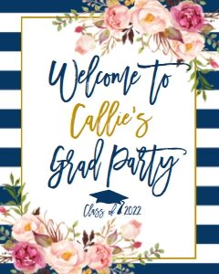 Graduation Floral Navy Party Welcome Sign: Graduation Floral Navy Party Welcome Sign